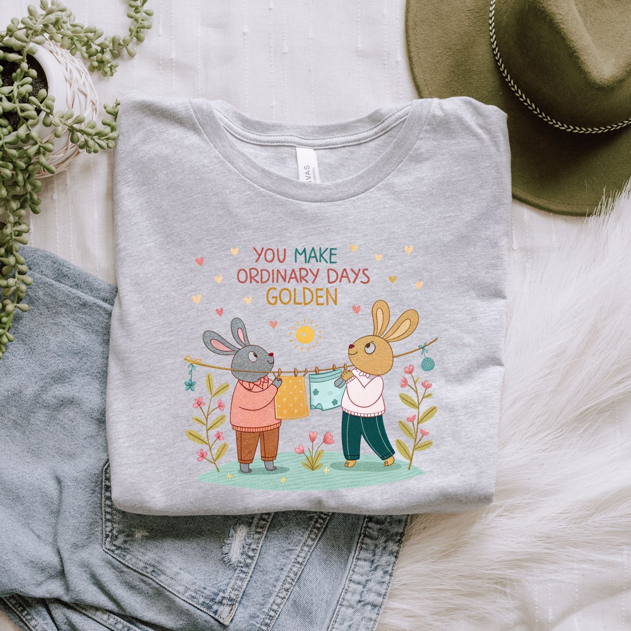 LGBTQ Cottagecore Gay Bunny T-Shirt, Embroidered Style Queer Couple Tee, Sweet Gift for Partners or Boyfriends, Golden Days Design - Craig Michael Design