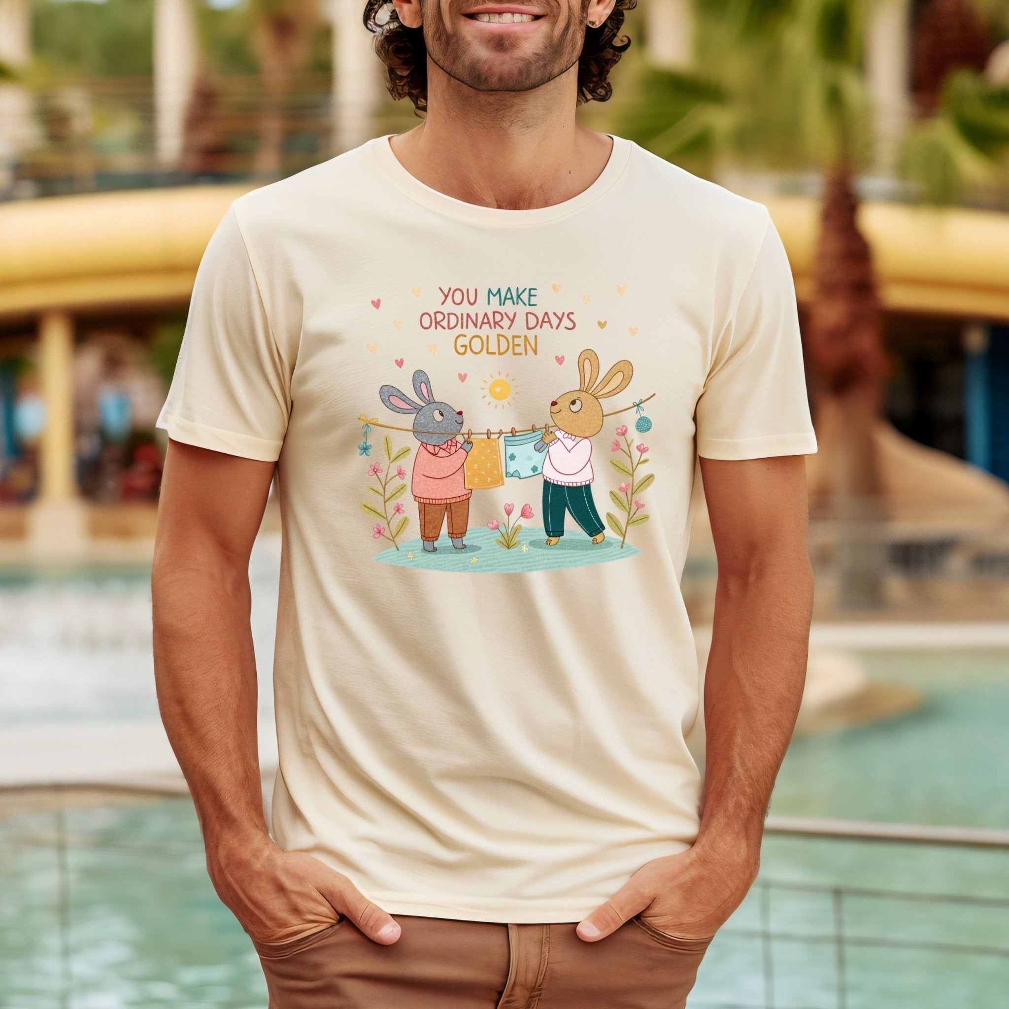 LGBTQ Cottagecore Gay Bunny T-Shirt, Embroidered Style Queer Couple Tee, Sweet Gift for Partners or Boyfriends, Golden Days Design - Craig Michael Design