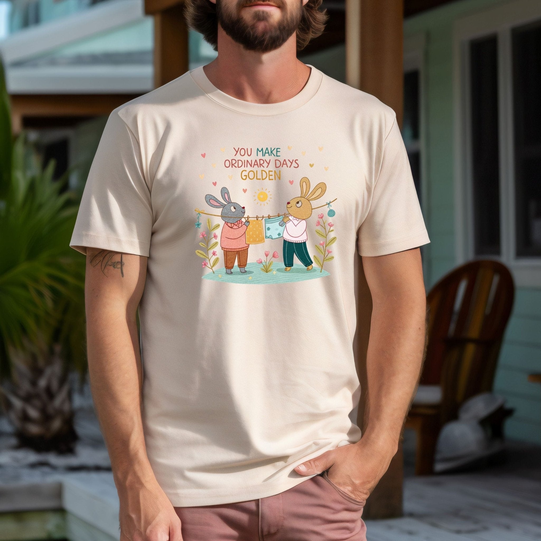 LGBTQ Cottagecore Gay Bunny T-Shirt, Embroidered Style Queer Couple Tee, Sweet Gift for Partners or Boyfriends, Golden Days Design - Craig Michael Design