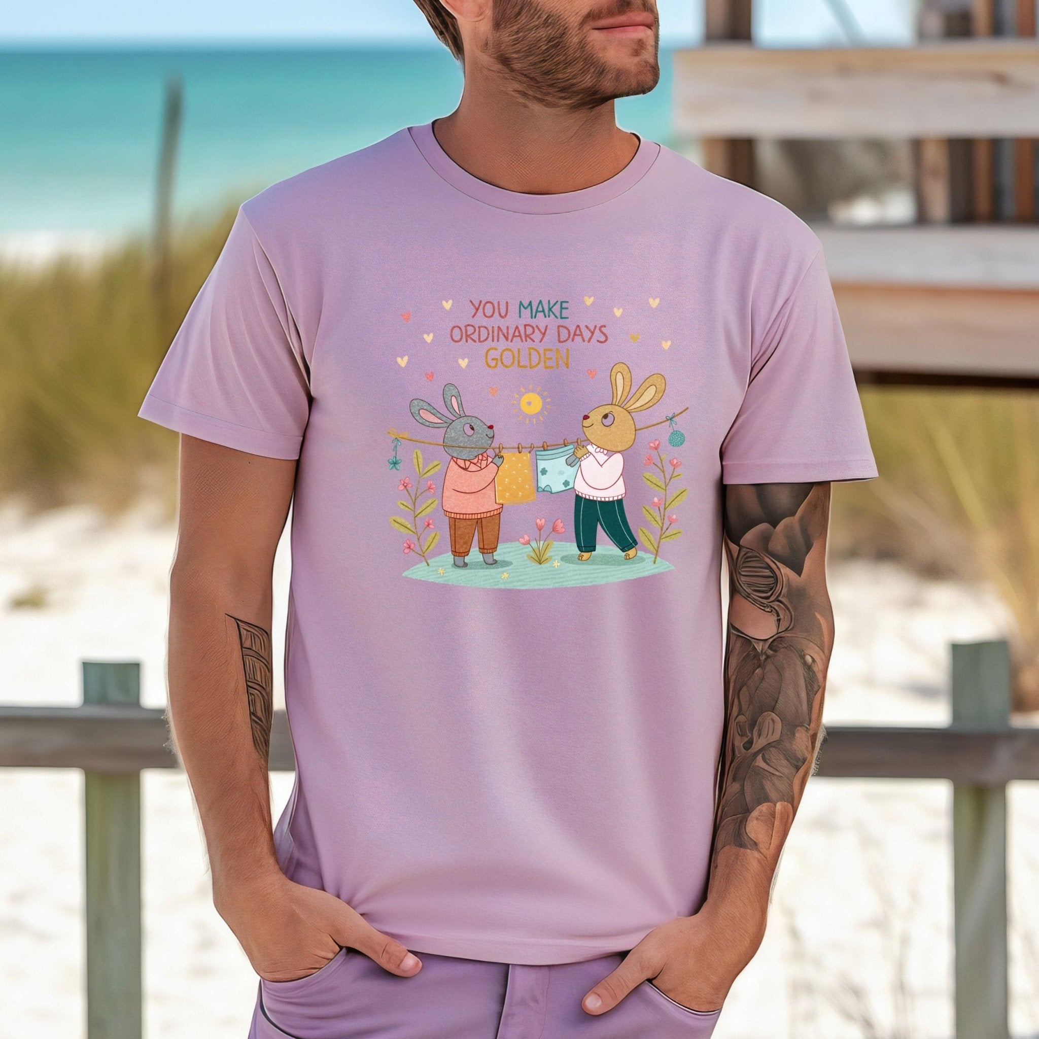 LGBTQ Cottagecore Gay Bunny T-Shirt, Embroidered Style Queer Couple Tee, Sweet Gift for Partners or Boyfriends, Golden Days Design - Craig Michael Design