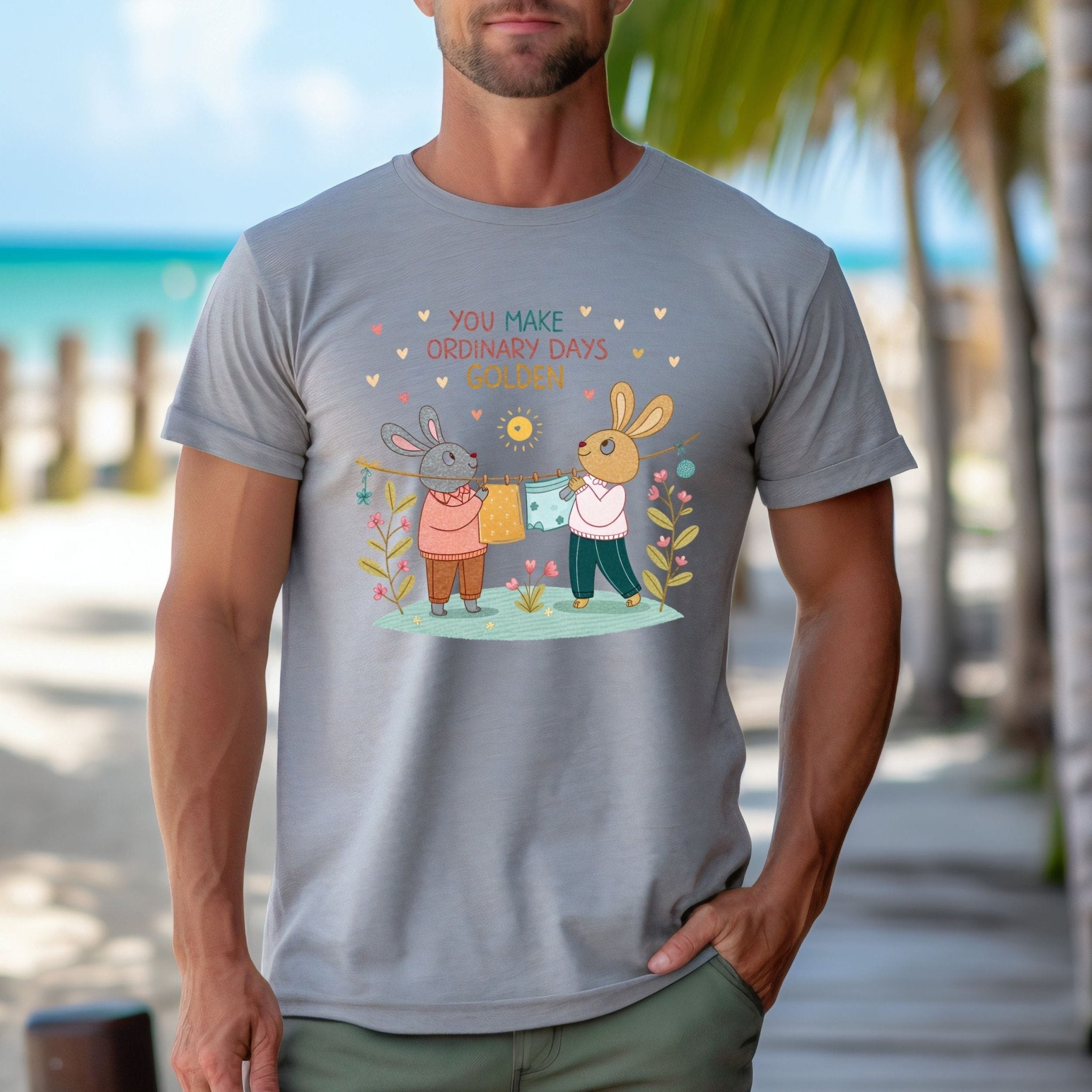 LGBTQ Cottagecore Gay Bunny T-Shirt, Embroidered Style Queer Couple Tee, Sweet Gift for Partners or Boyfriends, Golden Days Design - Craig Michael Design