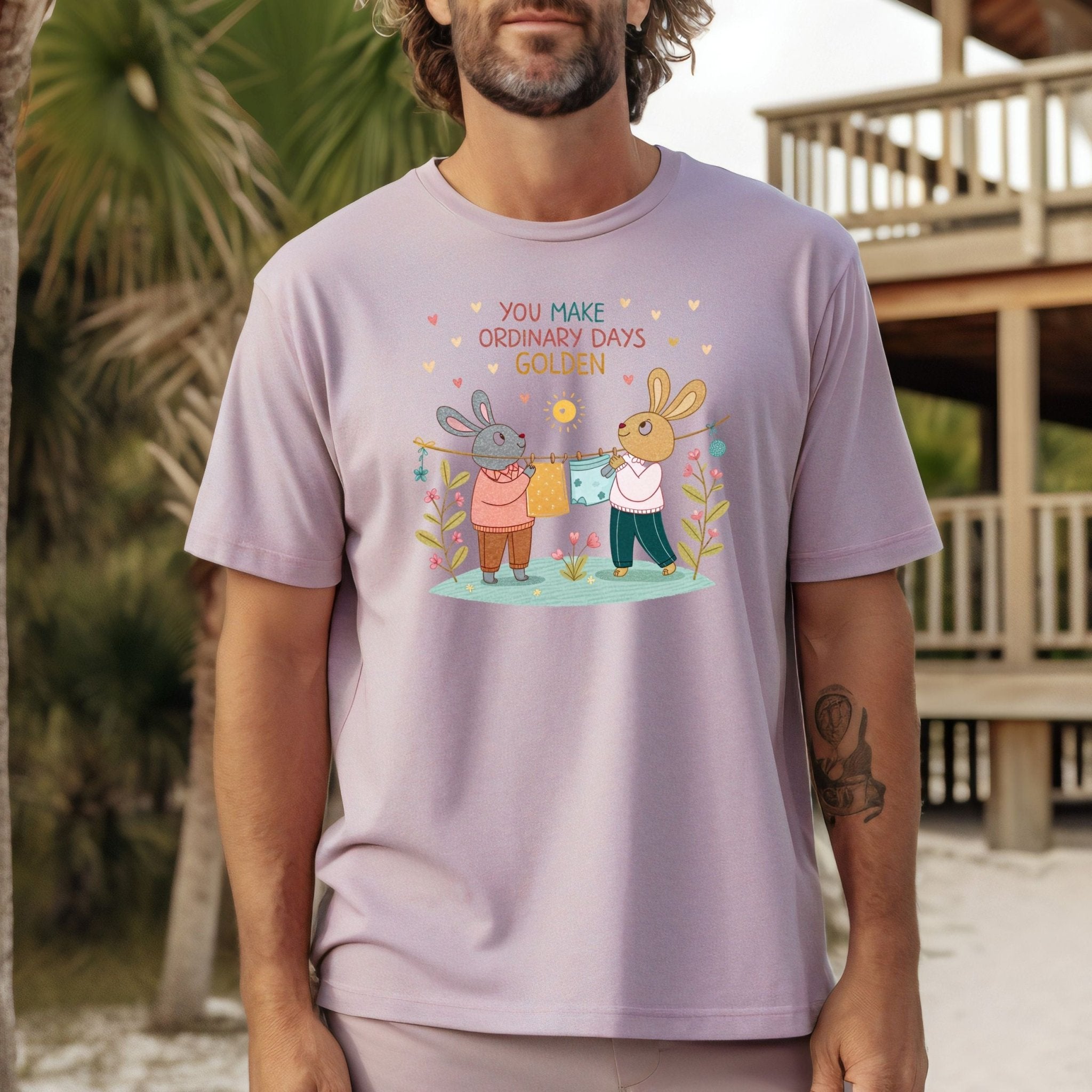 LGBTQ Cottagecore Gay Bunny T-Shirt, Embroidered Style Queer Couple Tee, Sweet Gift for Partners or Boyfriends, Golden Days Design - Craig Michael Design