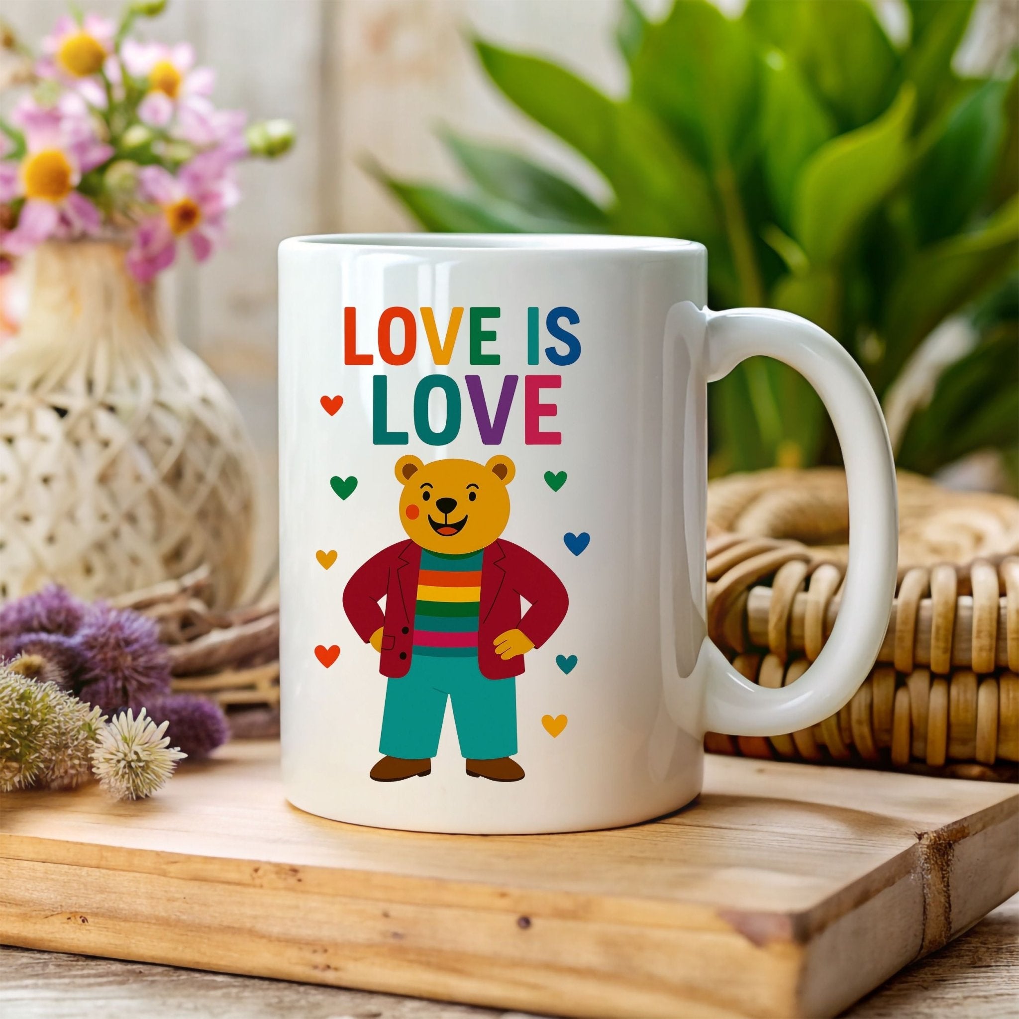 Love Is Love Gay Bear Mug, Cute LGBTQ Pride Coffee Cup, Rainbow Outfit Queer Gift, Funny Affirmation Mug for Him or Her - Craig Michael Design