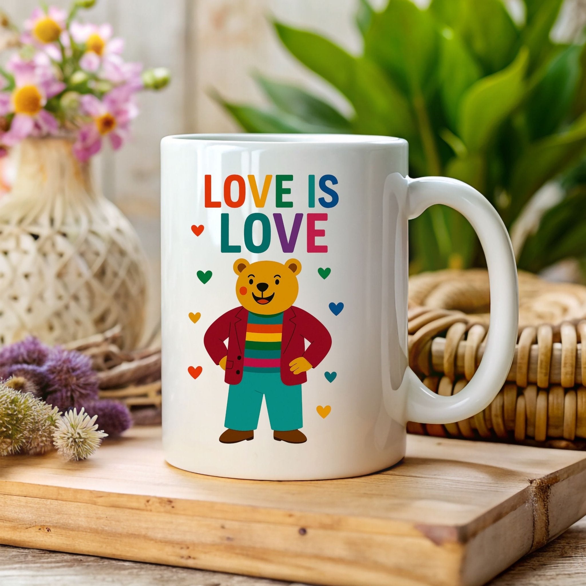 Love Is Love Gay Bear Mug, Cute LGBTQ Pride Coffee Cup, Rainbow Outfit Queer Gift, Funny Affirmation Mug for Him or Her - Craig Michael Design