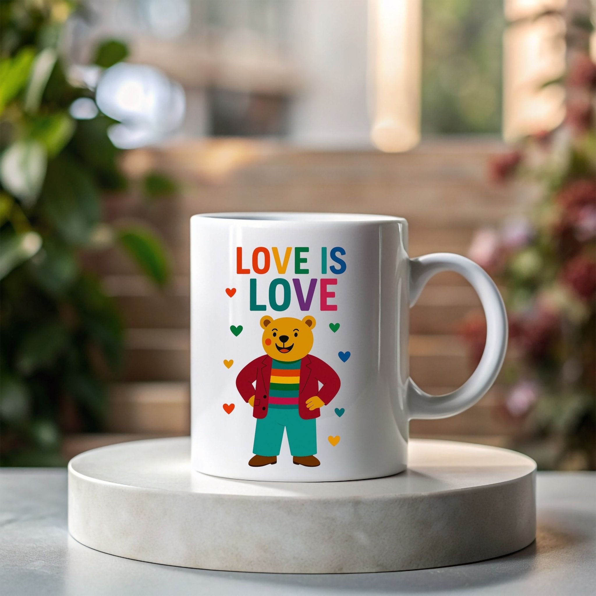 Love Is Love Gay Bear Mug, Cute LGBTQ Pride Coffee Cup, Rainbow Outfit Queer Gift, Funny Affirmation Mug for Him or Her - Craig Michael Design