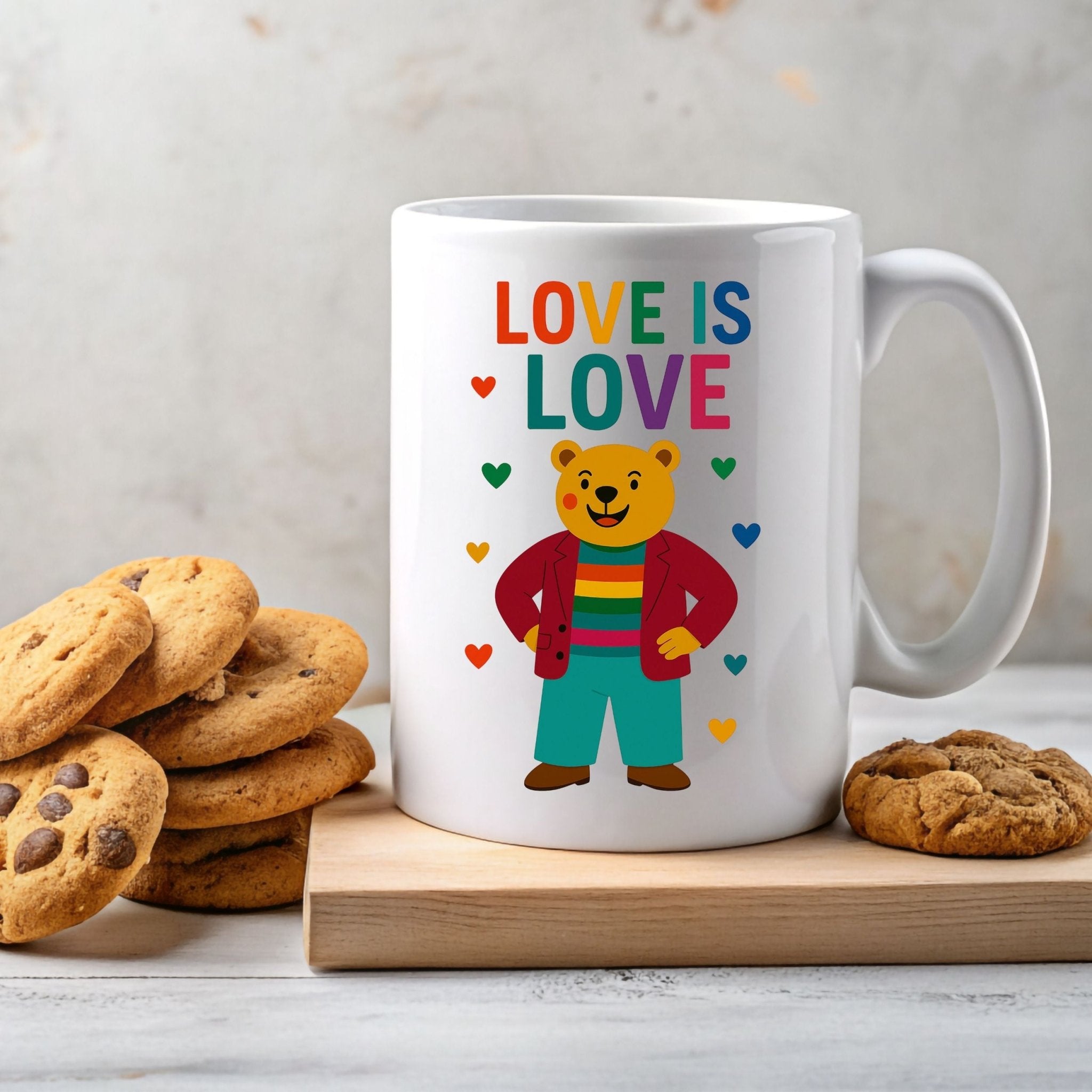 Love Is Love Gay Bear Mug, Cute LGBTQ Pride Coffee Cup, Rainbow Outfit Queer Gift, Funny Affirmation Mug for Him or Her - Craig Michael Design
