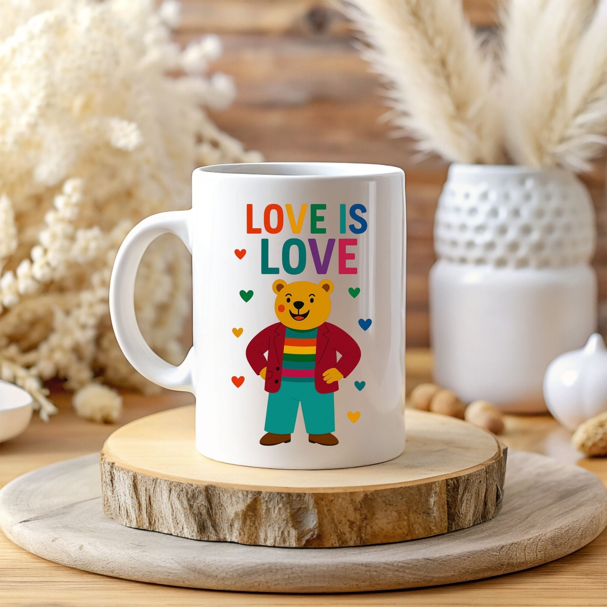 Love Is Love Gay Bear Mug, Cute LGBTQ Pride Coffee Cup, Rainbow Outfit Queer Gift, Funny Affirmation Mug for Him or Her - Craig Michael Design