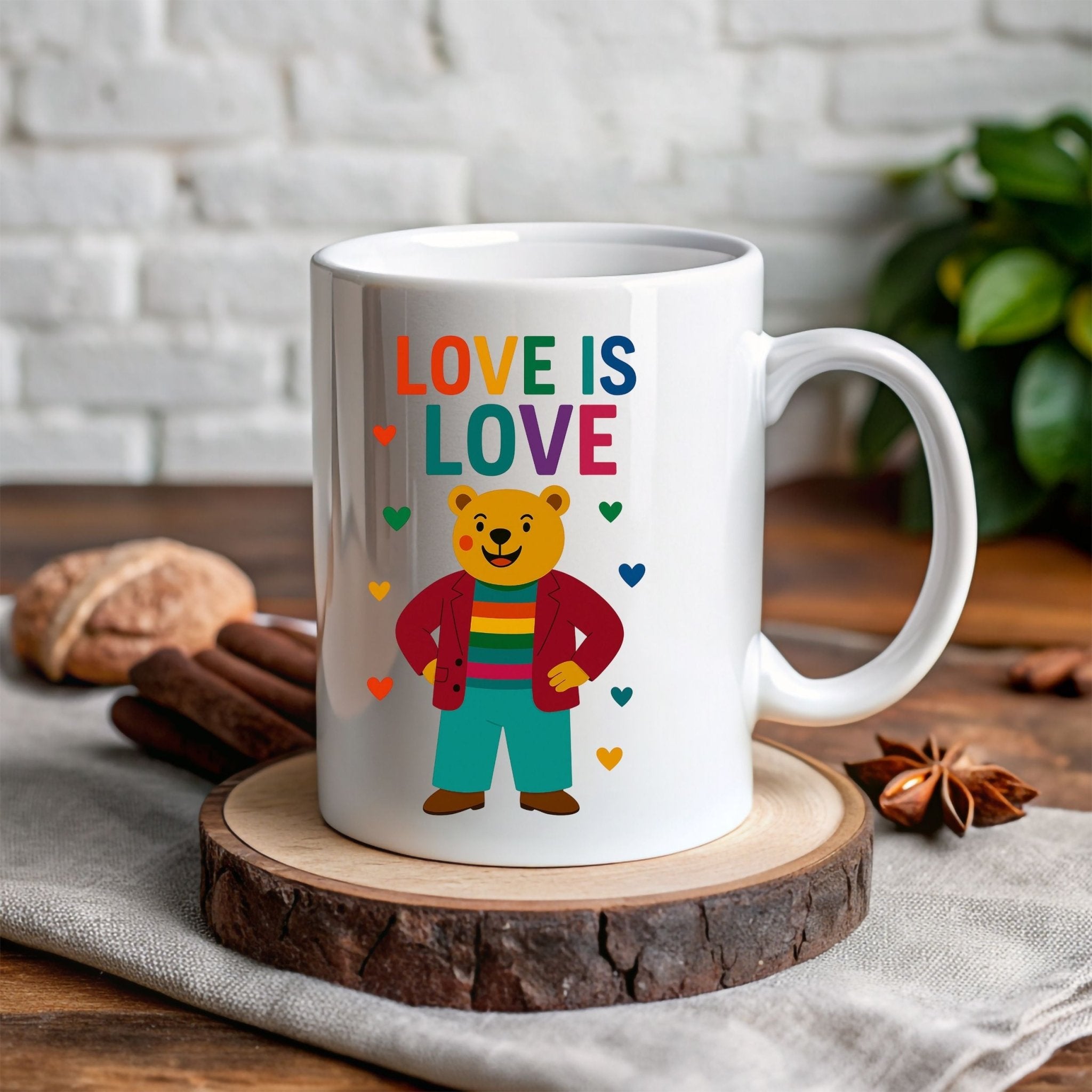 Love Is Love Gay Bear Mug, Cute LGBTQ Pride Coffee Cup, Rainbow Outfit Queer Gift, Funny Affirmation Mug for Him or Her - Craig Michael Design