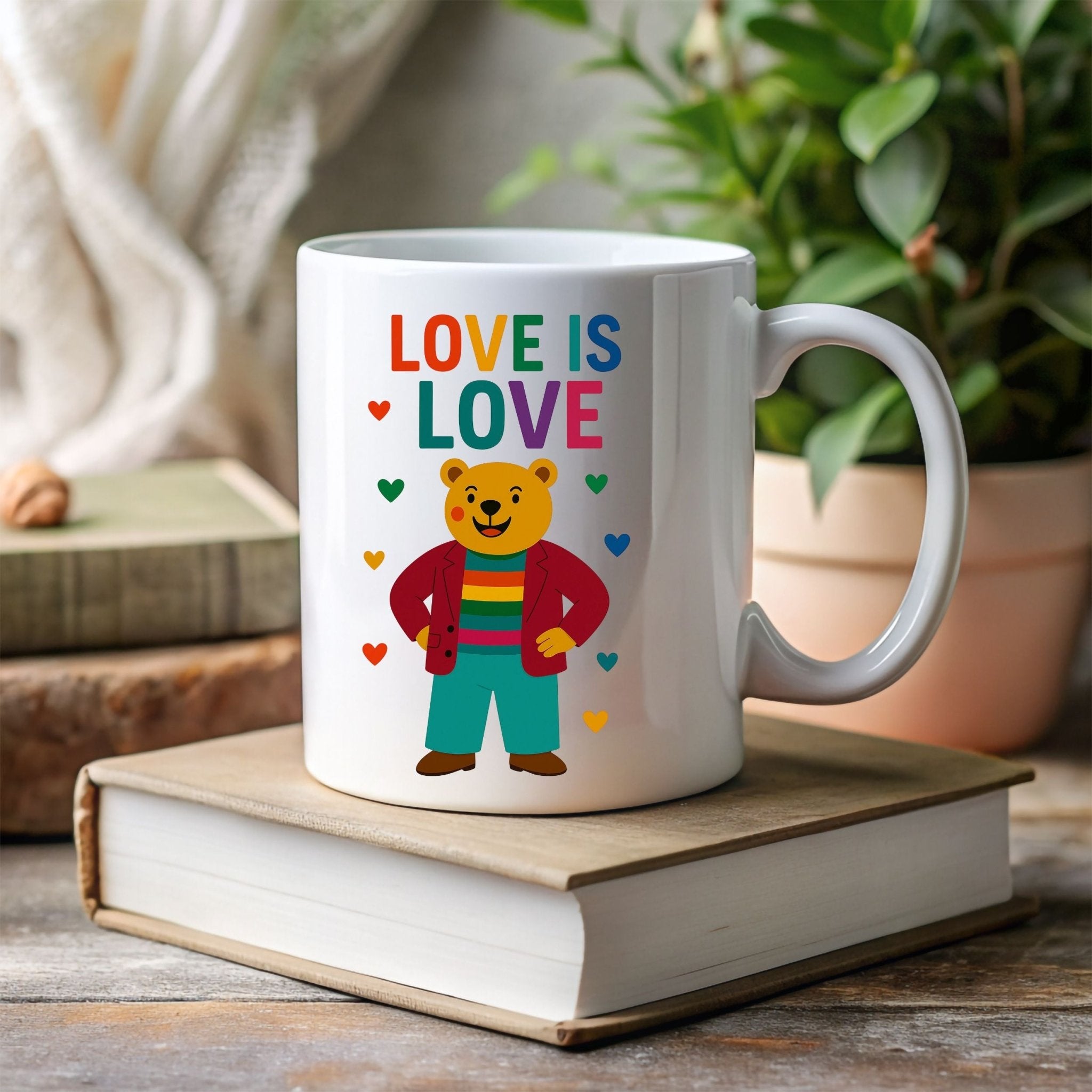 Love Is Love Gay Bear Mug, Cute LGBTQ Pride Coffee Cup, Rainbow Outfit Queer Gift, Funny Affirmation Mug for Him or Her - Craig Michael Design