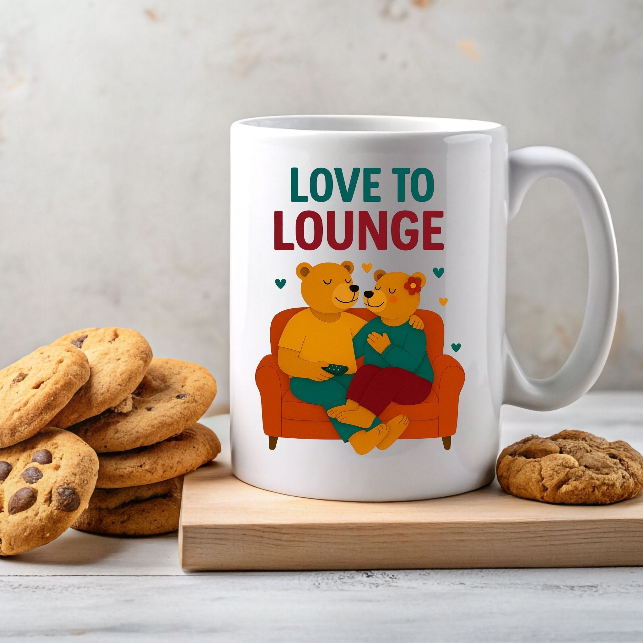 Love to Lounge Mug, Cute Gay Bear Couple Cup, Embroidered Style Cozy Gift for Him, Queer Romance Coffee Mug, Lazy Day Gay Gift - Craig Michael Design