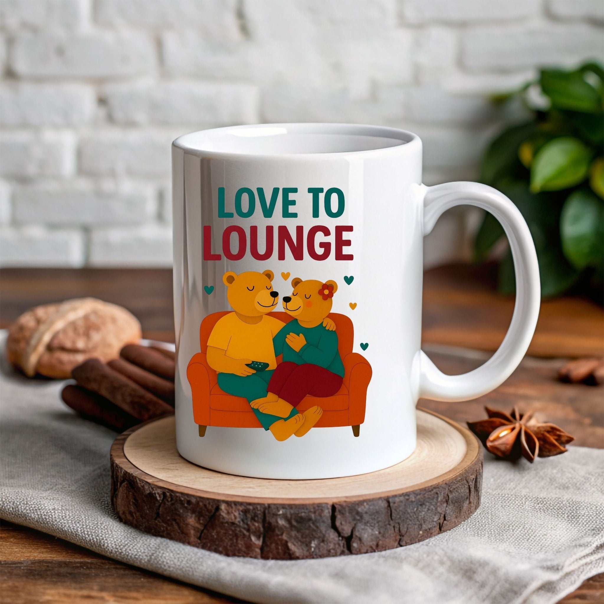 Love to Lounge Mug, Cute Gay Bear Couple Cup, Embroidered Style Cozy Gift for Him, Queer Romance Coffee Mug, Lazy Day Gay Gift - Craig Michael Design