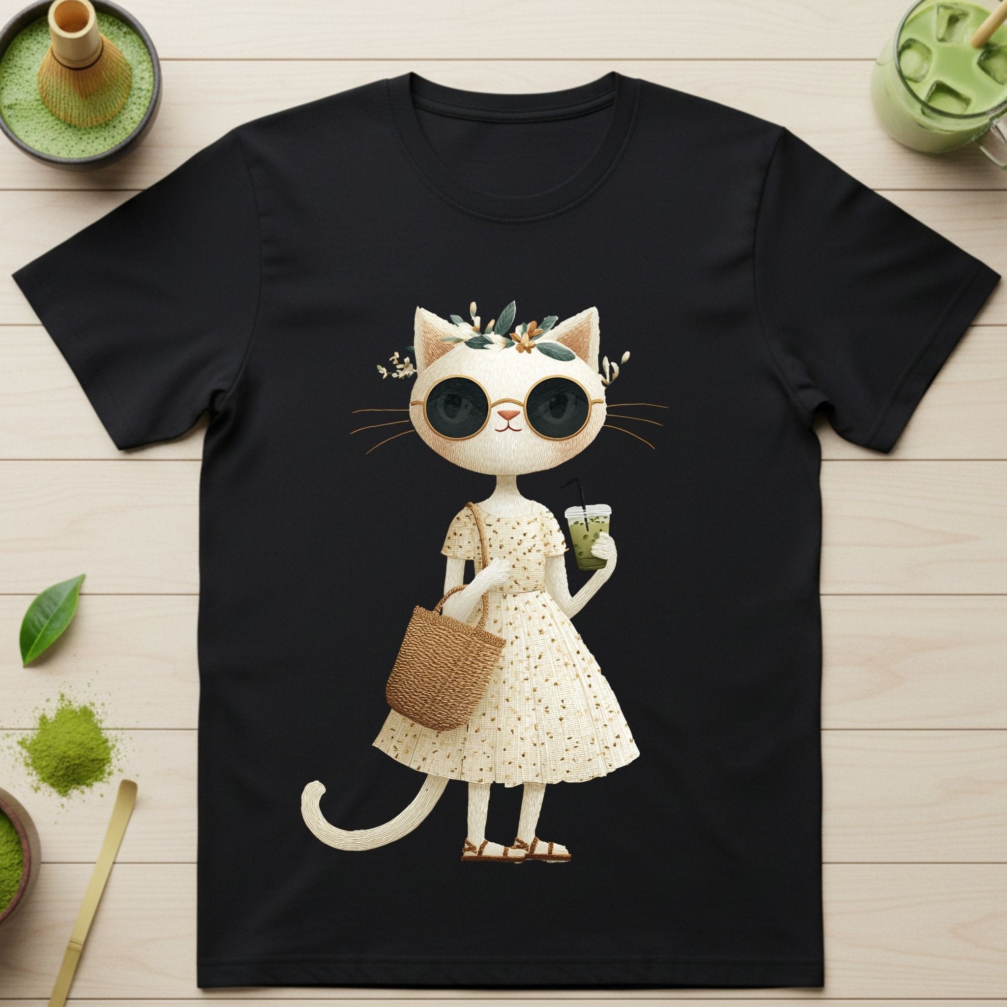 Matcha Floral Kitty T-Shirt – Embroidered Style - Craig Michael Design