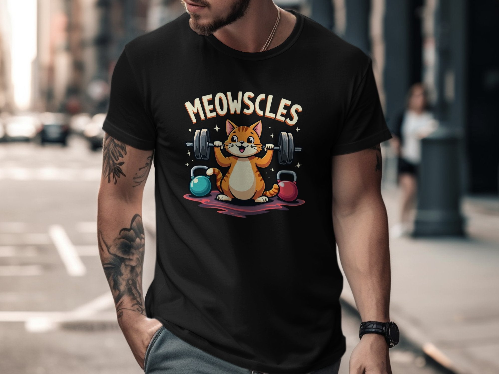 Meowscles Weightlifting Cat Funny T-Shirt for Fitness Lovers, Cute Workout Cat Tee, Gym Enthusiast Cat Graphic Shirt - Craig Michael Design