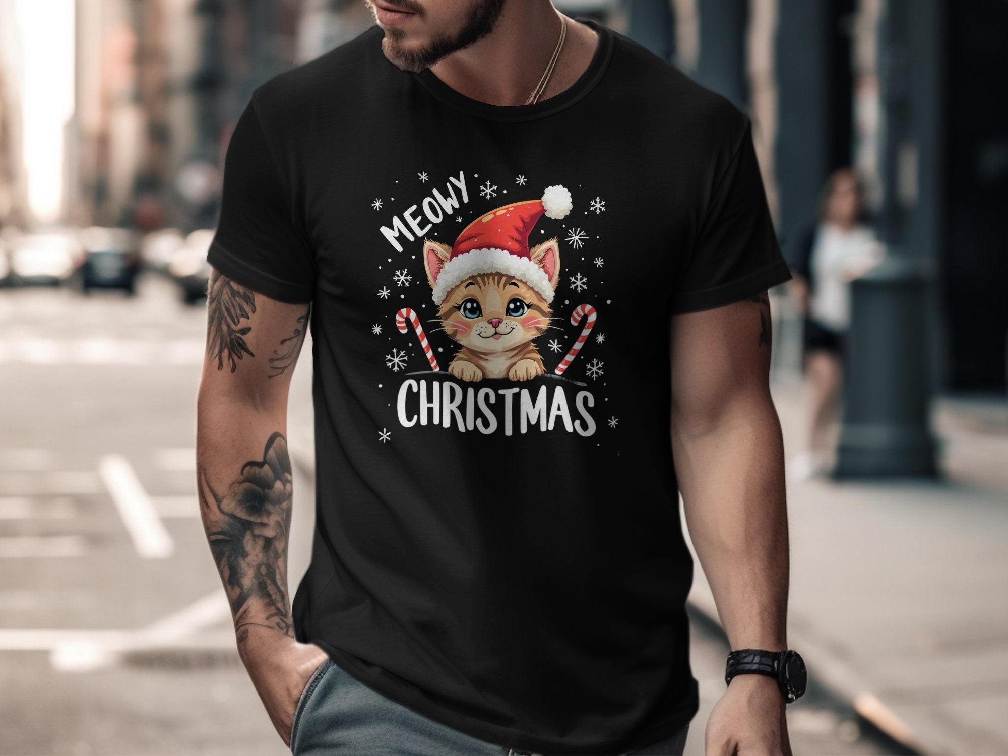 Meowy Christmas Cat T-Shirt, Cute Kitten Christmas Shirt, Fun Holiday Tee, Christmas Gift Idea, Cat Lover Shirt, Festive Cat Apparel - Craig Michael Design