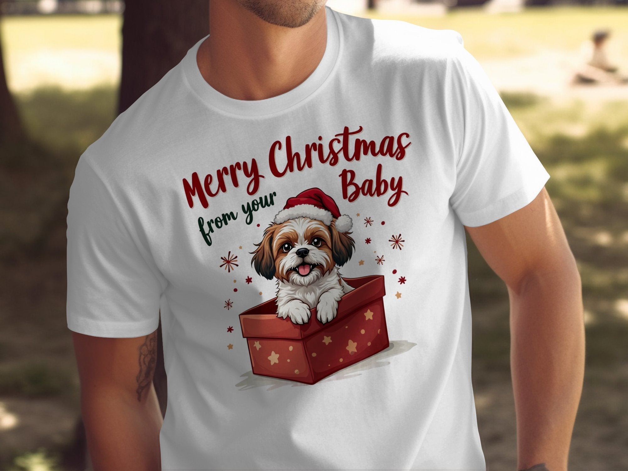 Merry Christmas from Your Baby Dog Shih Tzu in a Gift Box Cute Puppy T-Shirt, Holiday Themed Shih Tzu Dog Shirt, Christmas Pet Lover Tee - Craig Michael Design