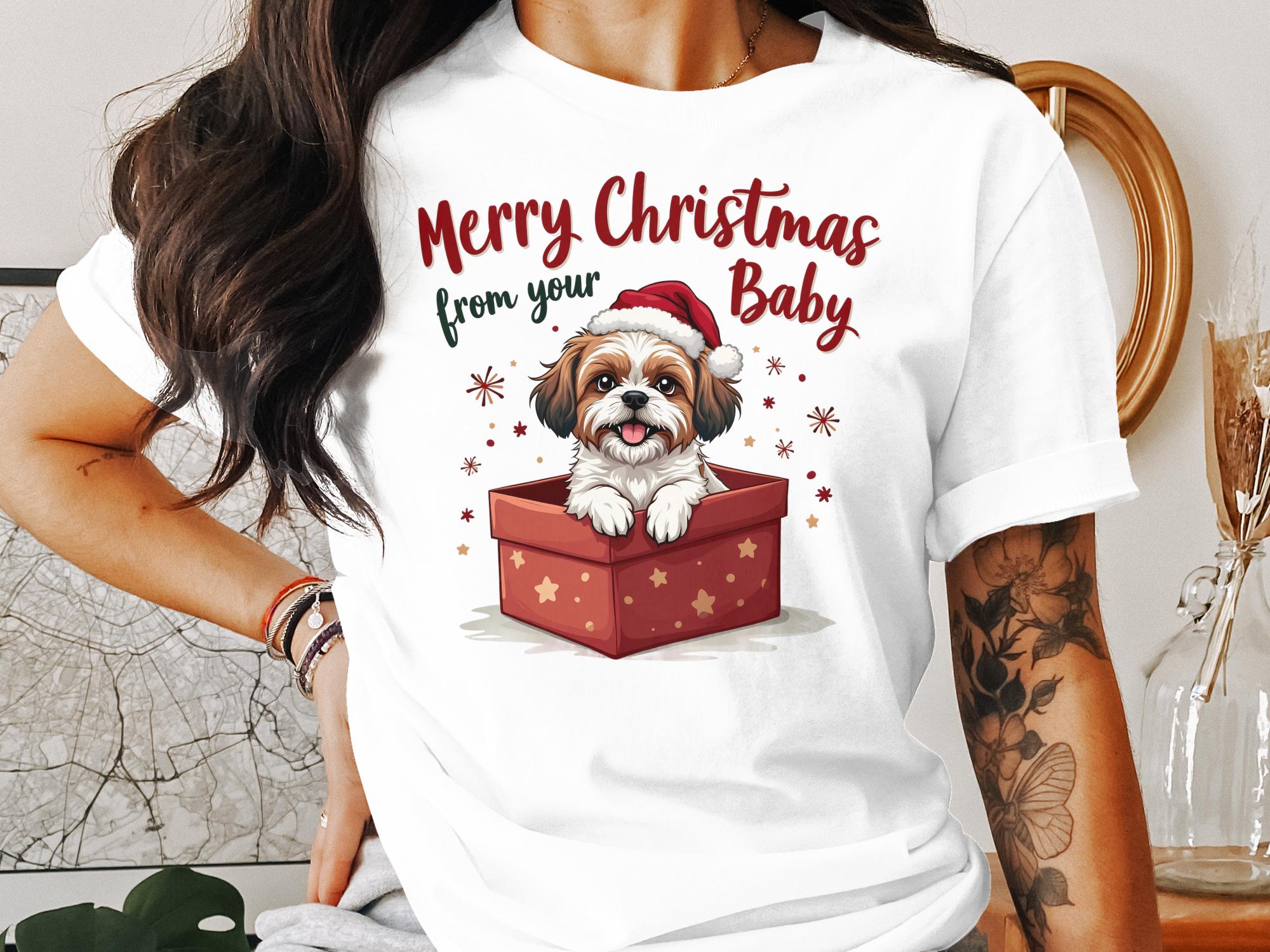 Merry Christmas from Your Baby Dog Shih Tzu in a Gift Box Cute Puppy T-Shirt, Holiday Themed Shih Tzu Dog Shirt, Christmas Pet Lover Tee - Craig Michael Design