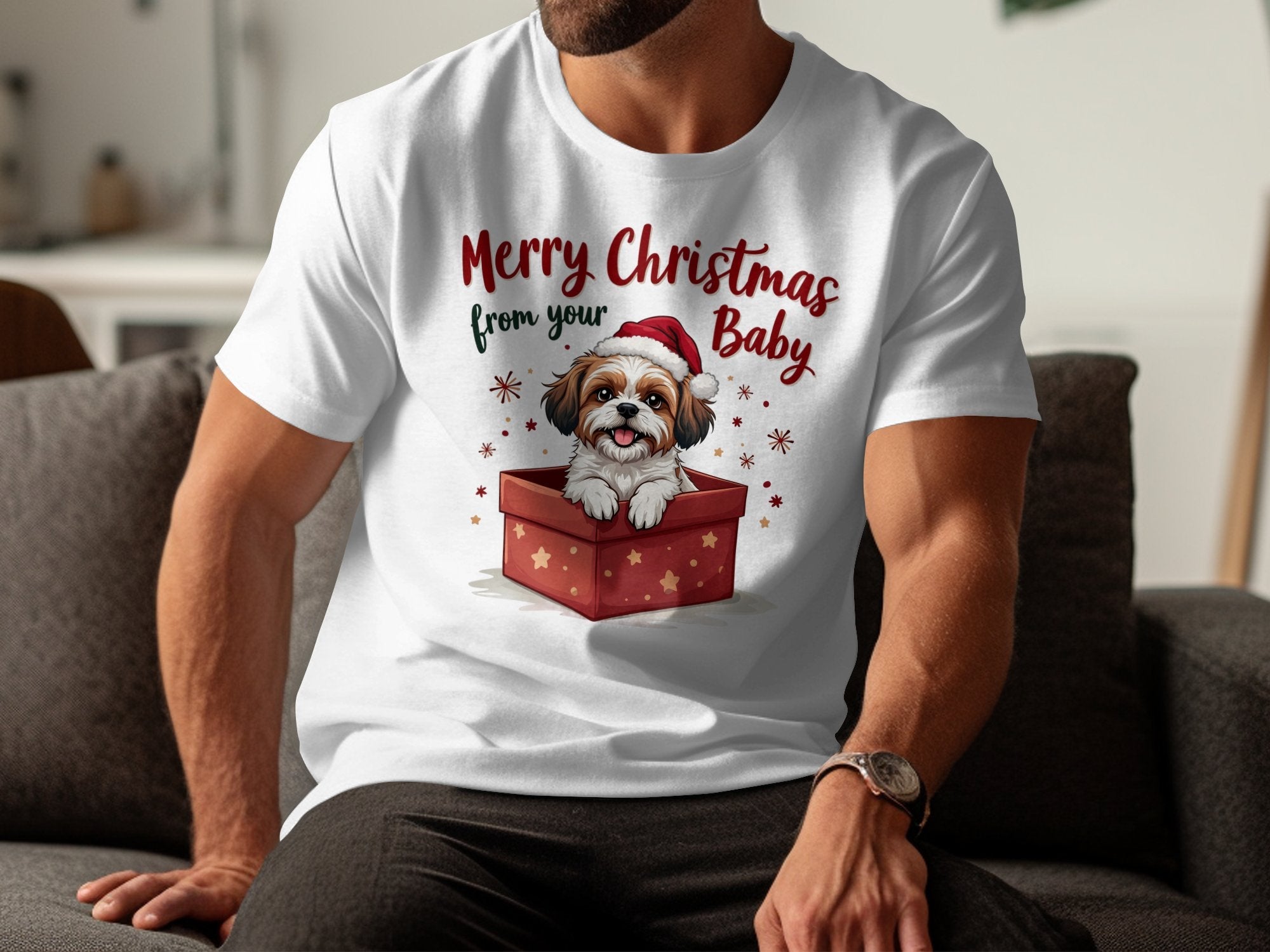 Merry Christmas from Your Baby Dog Shih Tzu in a Gift Box Cute Puppy T-Shirt, Holiday Themed Shih Tzu Dog Shirt, Christmas Pet Lover Tee - Craig Michael Design