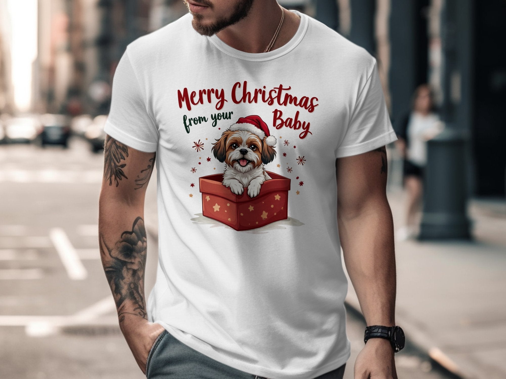 Merry Christmas from Your Baby Dog Shih Tzu in a Gift Box Cute Puppy T-Shirt, Holiday Themed Shih Tzu Dog Shirt, Christmas Pet Lover Tee - Craig Michael Design