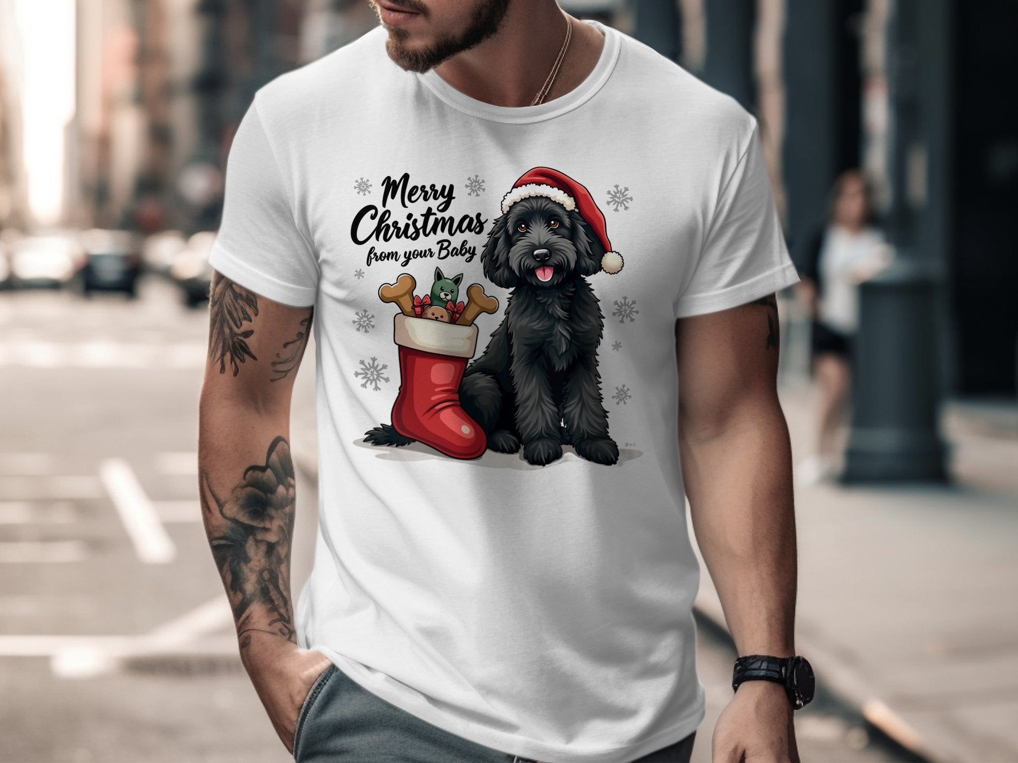 Merry Christmas from Your Baby T-Shirt, Cute Standard Poodle Dog in Festive Santa Hat, Christmas Stocking Gift Design - Craig Michael Design