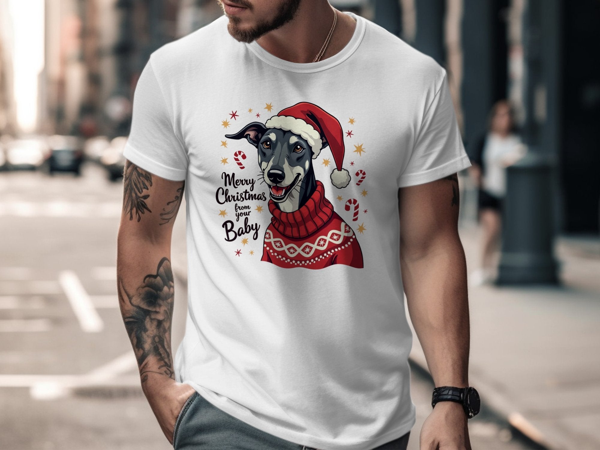 Merry Christmas Greyhound Dog T-Shirt, Festive Holiday Greyhound Tee, Cute Dog Lover Gift, Santa Hat Greyhound Shirt, Fun Pet Lover Top - Craig Michael Design