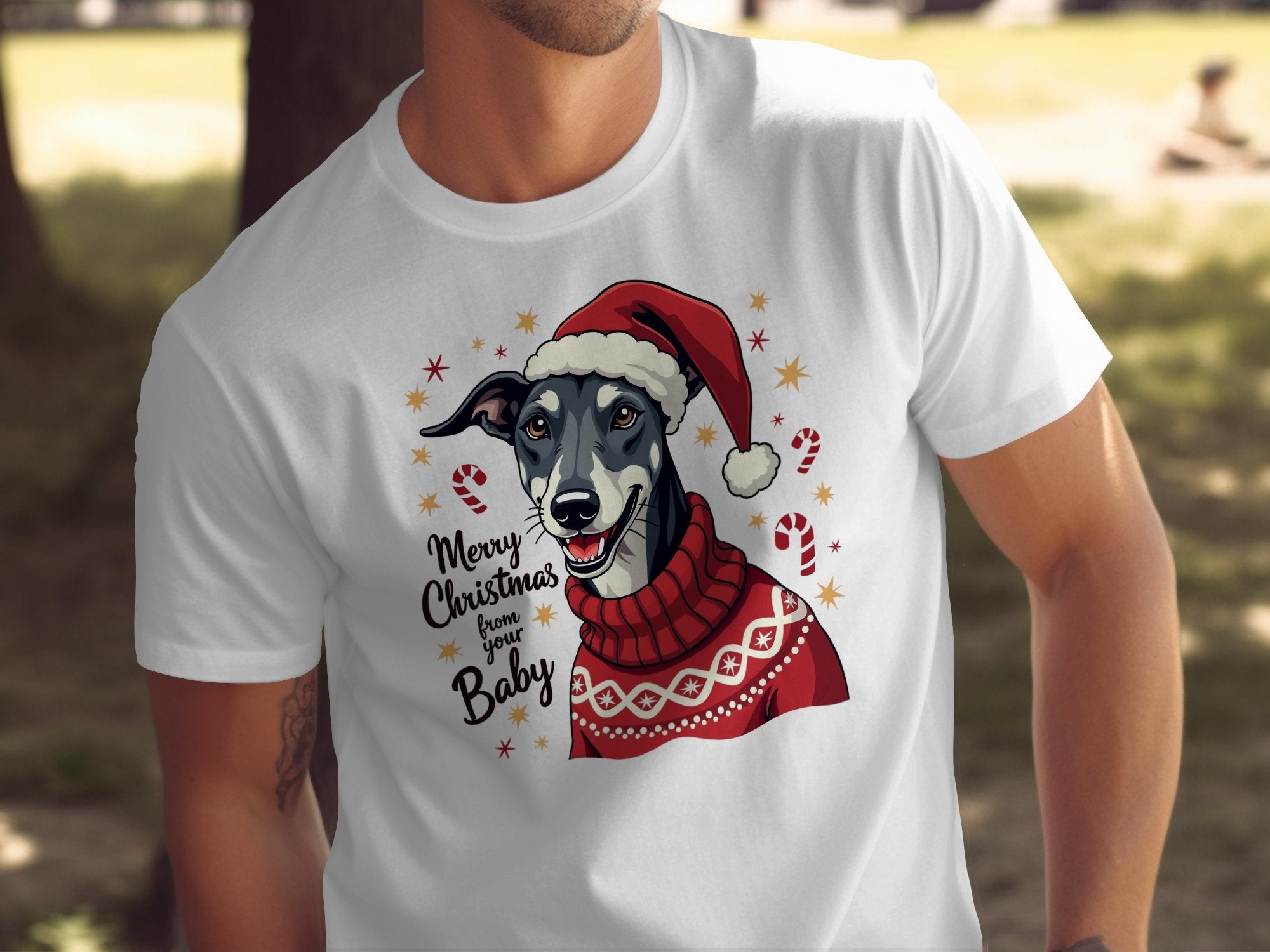 Merry Christmas Greyhound Dog T-Shirt, Festive Holiday Greyhound Tee, Cute Dog Lover Gift, Santa Hat Greyhound Shirt, Fun Pet Lover Top - Craig Michael Design