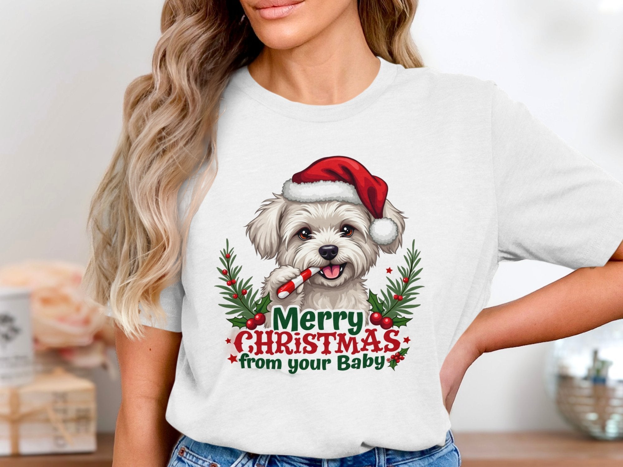 Merry Christmas Maltese Terrier T-shirt, Cute Dog with Candy Cane Tee, Adorable Holiday Pet Shirt, Festive Christmas Dog Shirt - Craig Michael Design