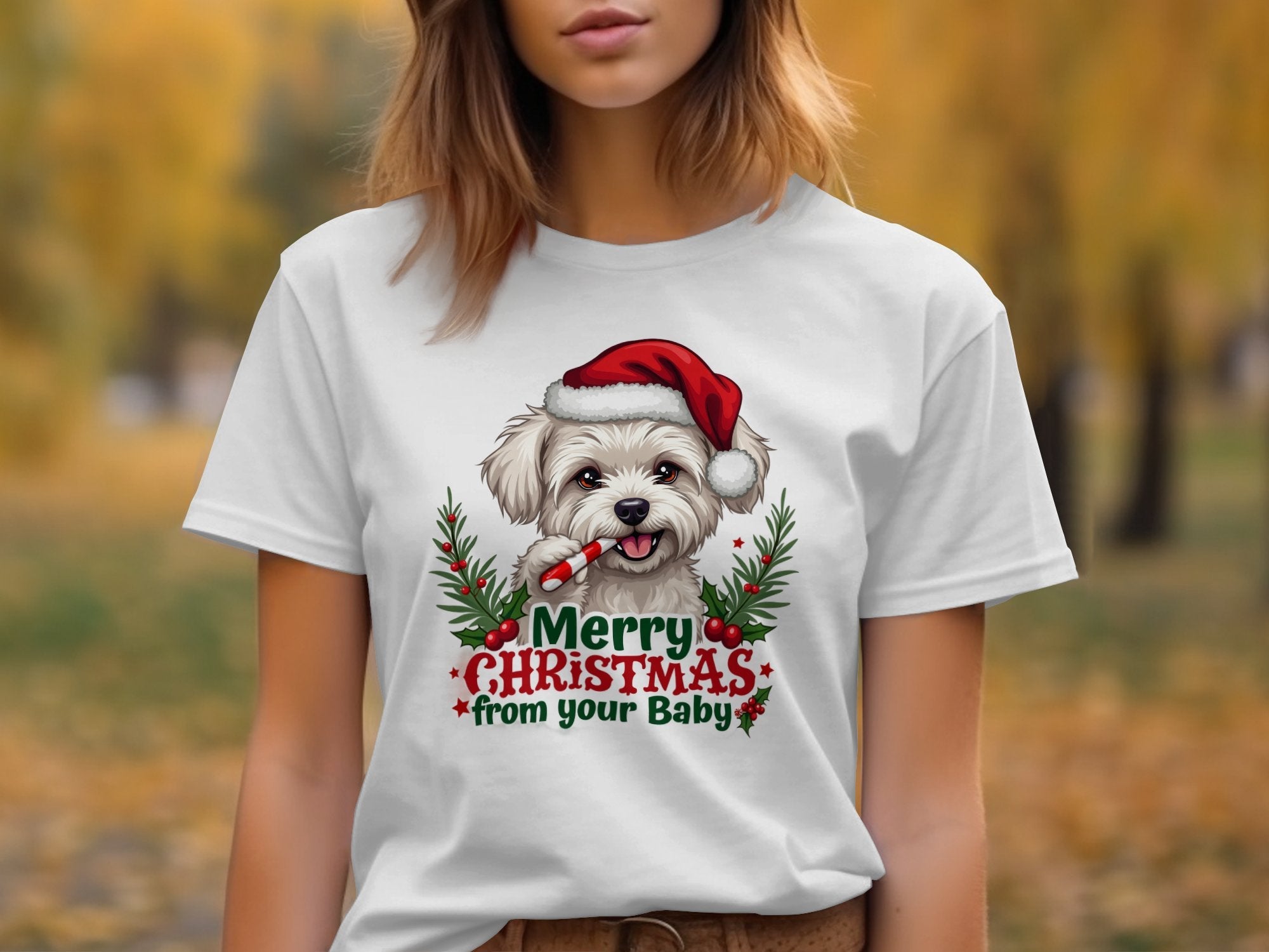 Merry Christmas Maltese Terrier T-shirt, Cute Dog with Candy Cane Tee, Adorable Holiday Pet Shirt, Festive Christmas Dog Shirt - Craig Michael Design