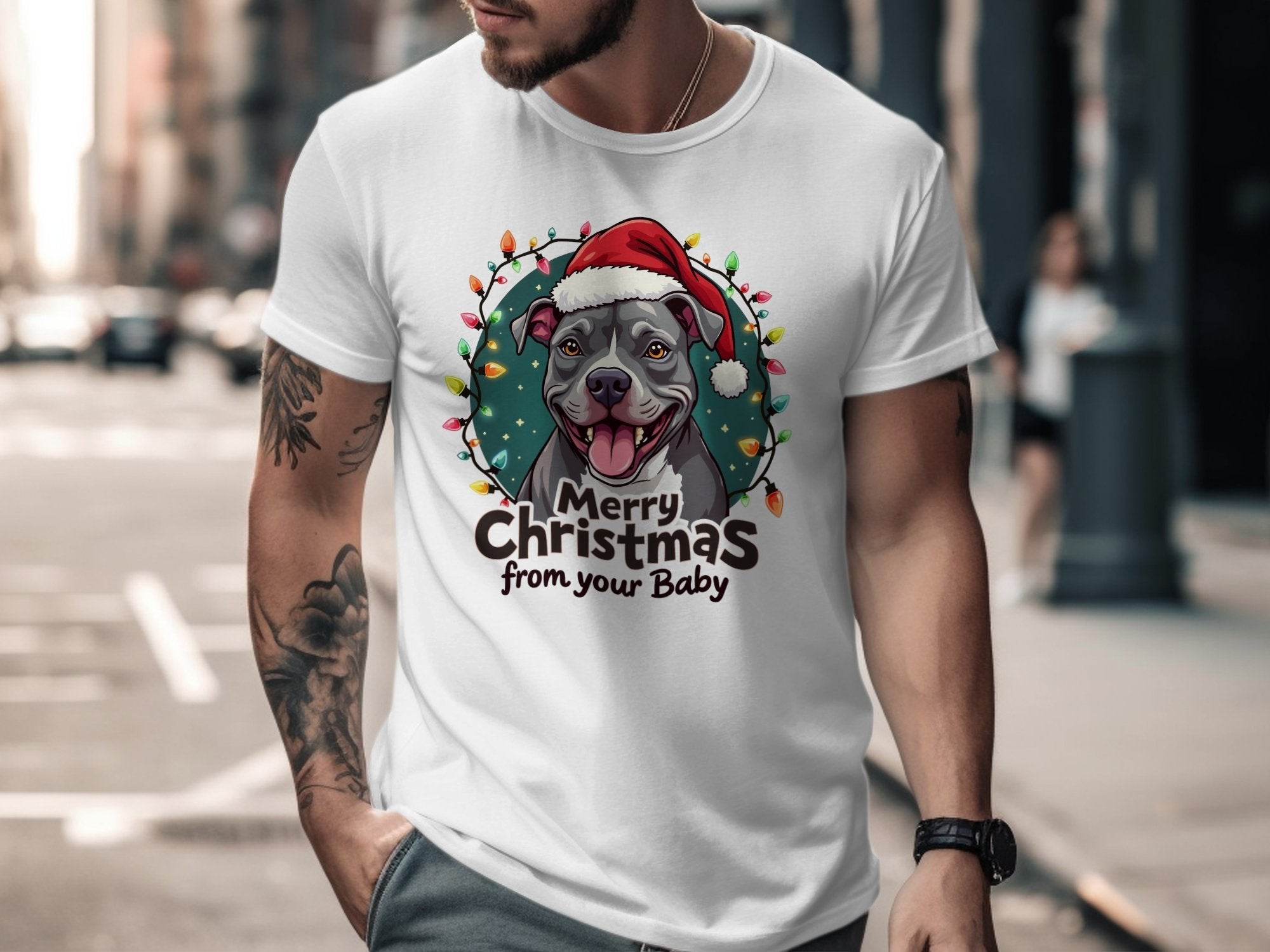 Merry Christmas Pit Bull Dog T-Shirt, Cute Holiday Pet Lover Shirt, Festive Xmas Apparel, Perfect Gift for Dog Owners, Santa Hat Design - Craig Michael Design