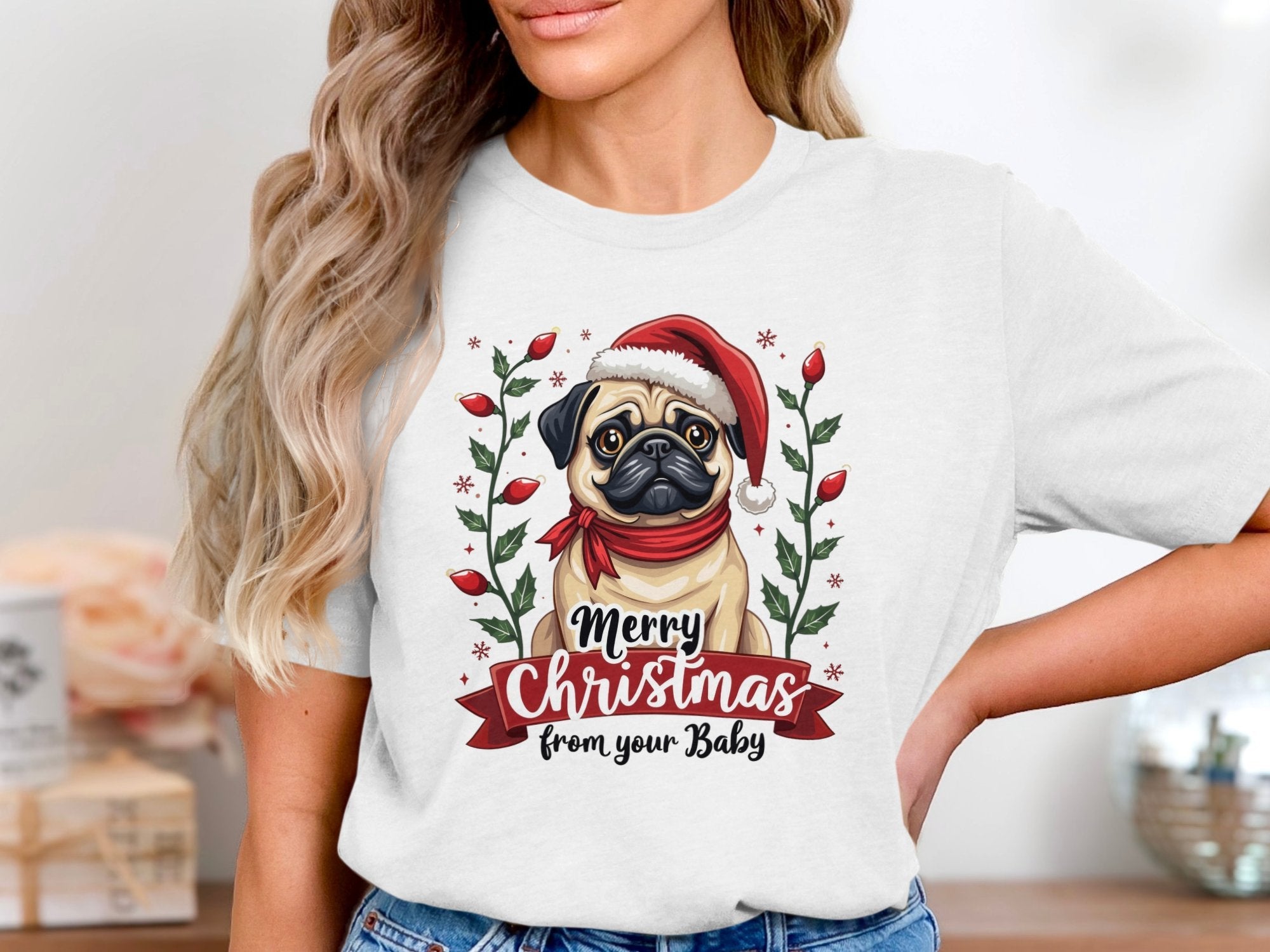 Merry Christmas Pug T-Shirt, Cute Pug in Santa Hat, Holiday Dog Shirt, Christmas Gift for Pug Owners, Festive Pug Tee - Craig Michael Design