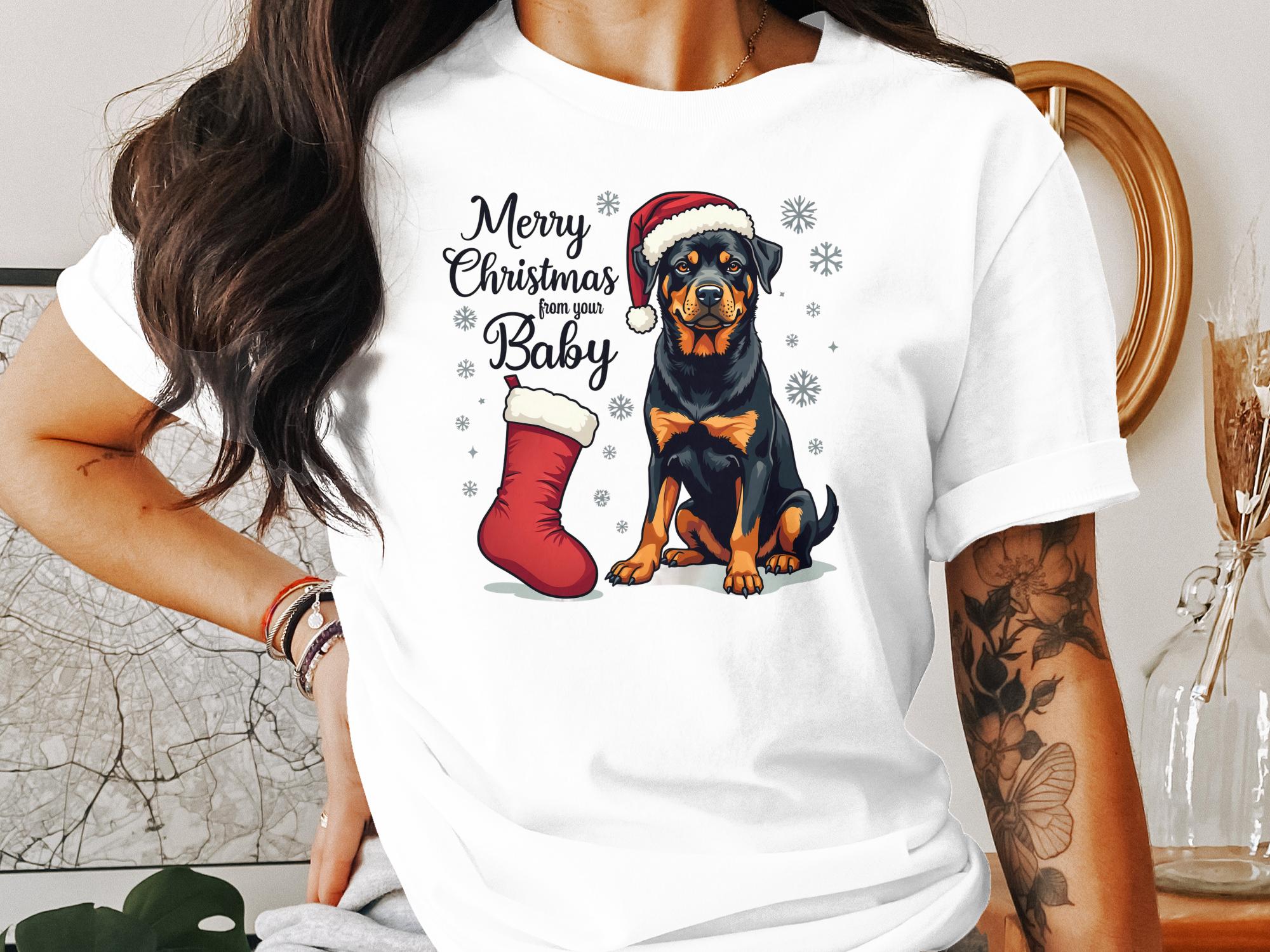 Merry Christmas Rottweiler T Shirt with Santa Hat Cute Dog Christmas Graphic Tee Festive Holiday Rottweiler Lovers Gift - Craig Michael Design