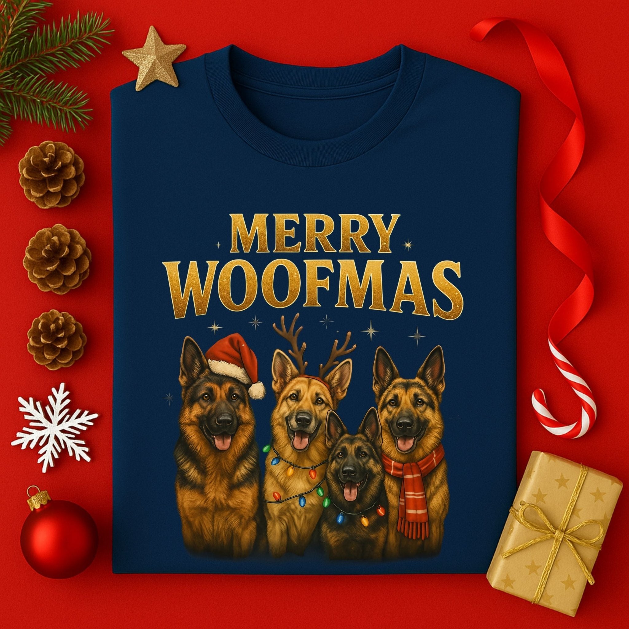 Merry Woofmas Dogs Illustration On Christmas T-Shirt - Craig Michael Design