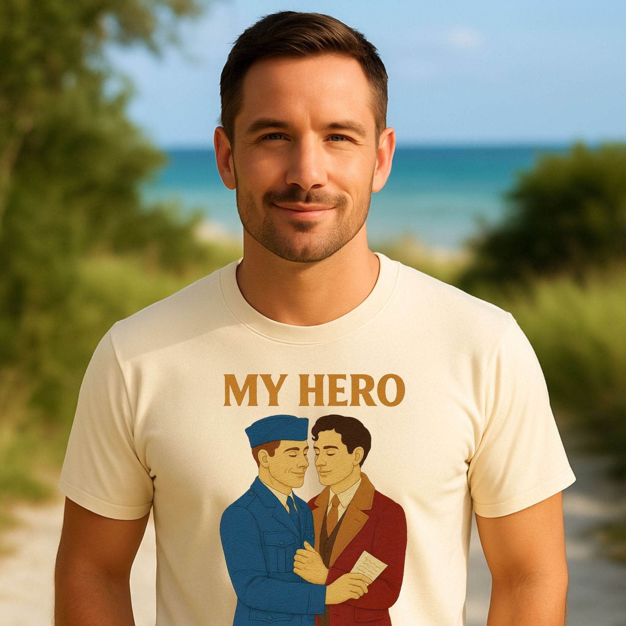 My Hero Shirt – 1940s Gay Wartime Romance T-Shirt, Embroidered Style Pride Tee - Craig Michael Design