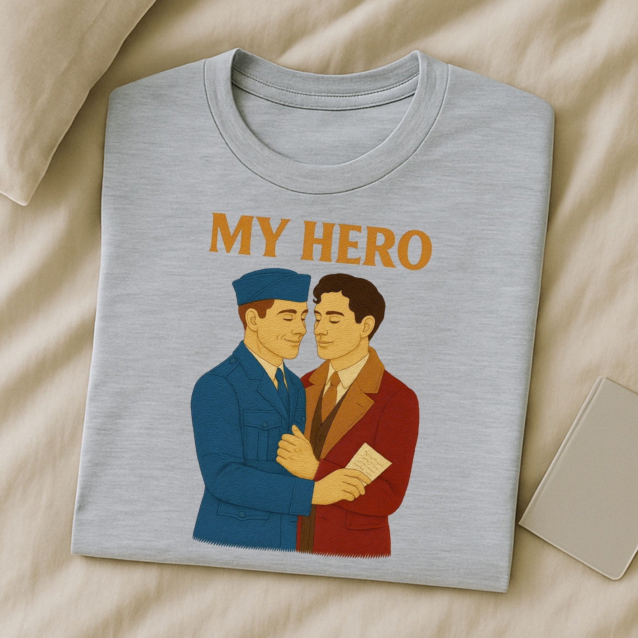 My Hero Shirt – 1940s Gay Wartime Romance T-Shirt, Embroidered Style Pride Tee - Craig Michael Design