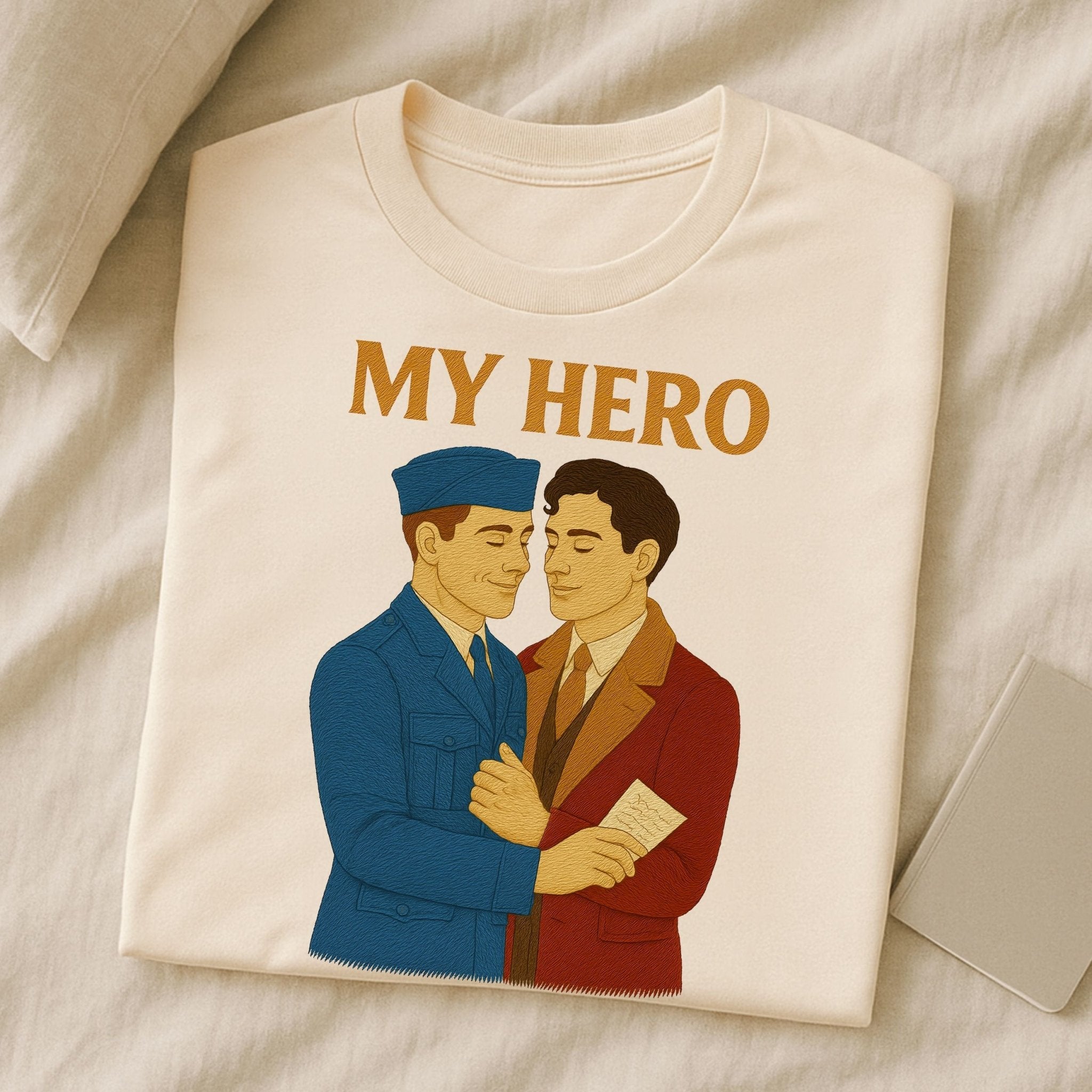 My Hero Shirt – 1940s Gay Wartime Romance T-Shirt, Embroidered Style Pride Tee - Craig Michael Design