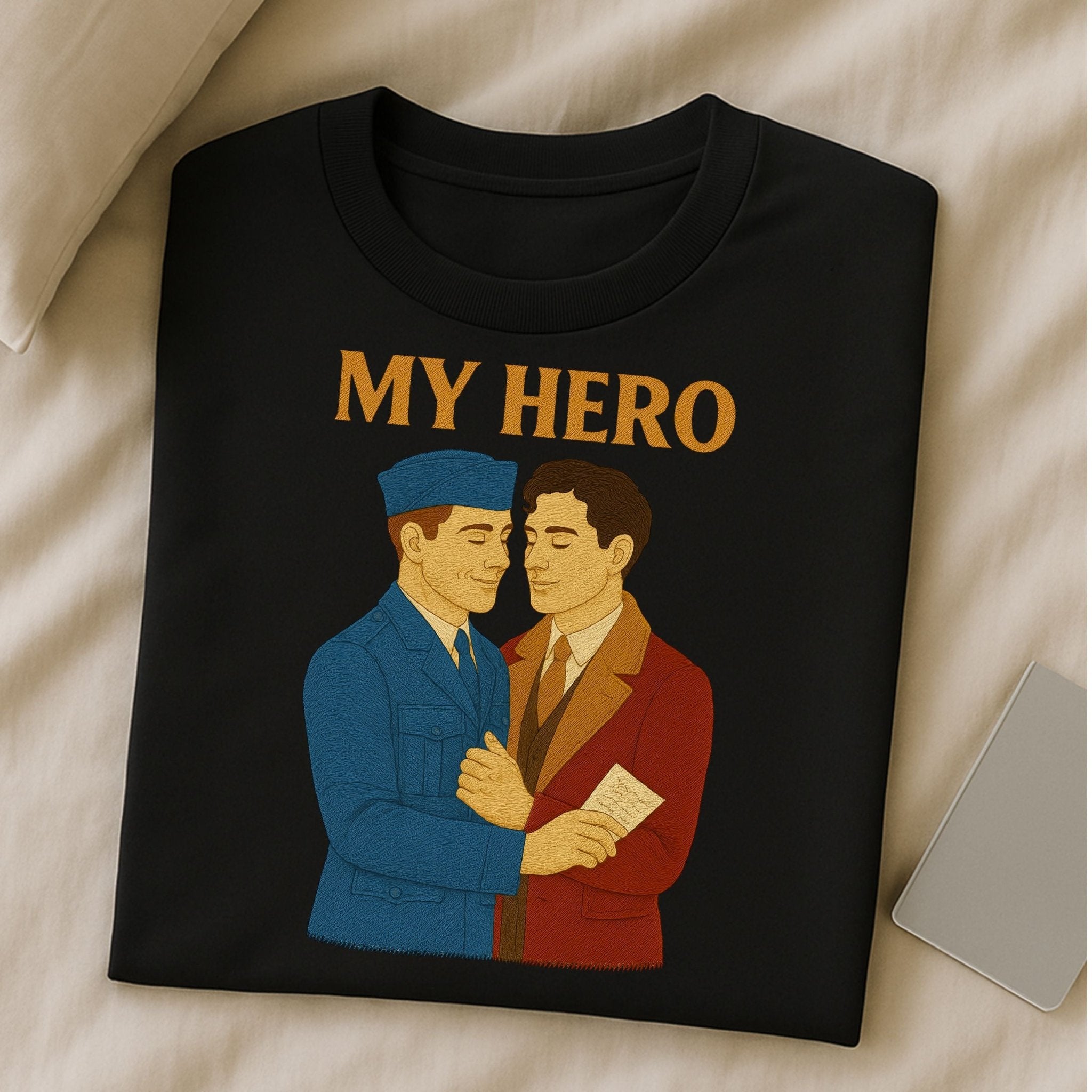 My Hero Shirt – 1940s Gay Wartime Romance T-Shirt, Embroidered Style Pride Tee - Craig Michael Design