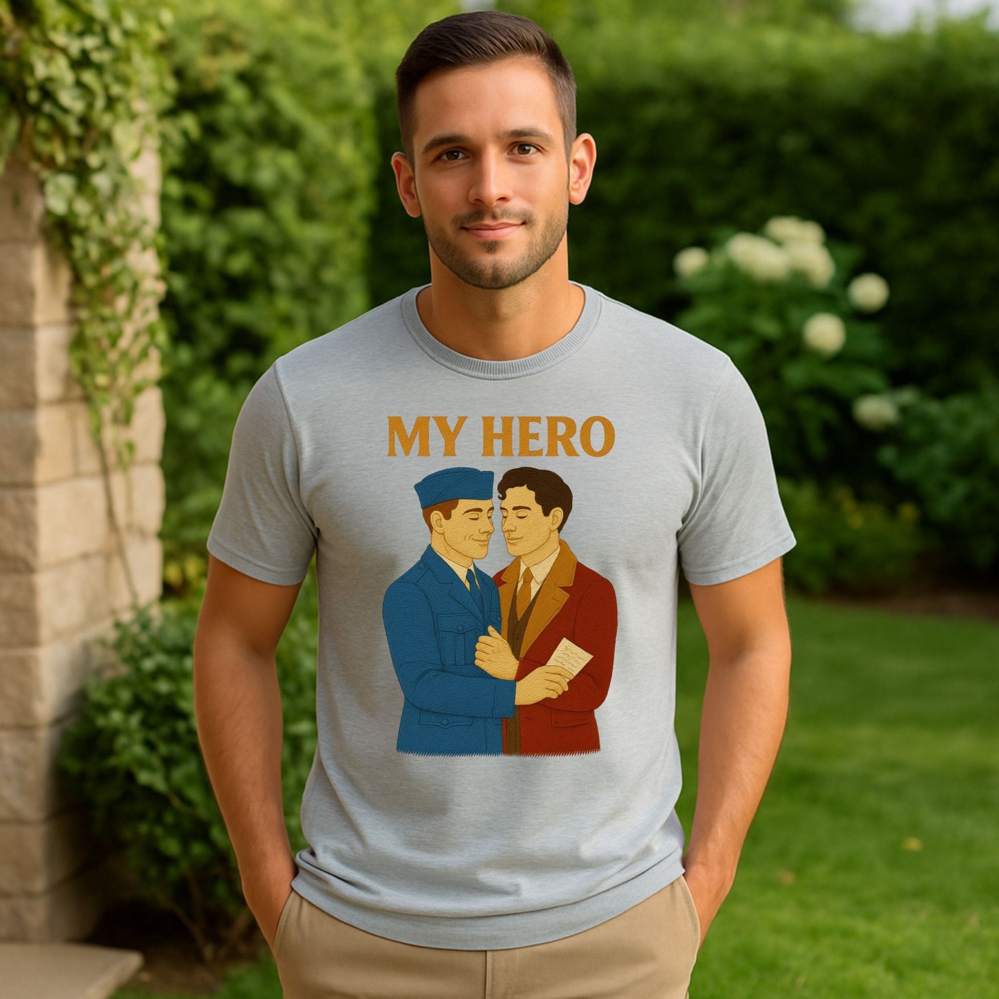 My Hero Shirt – 1940s Gay Wartime Romance T-Shirt, Embroidered Style Pride Tee - Craig Michael Design