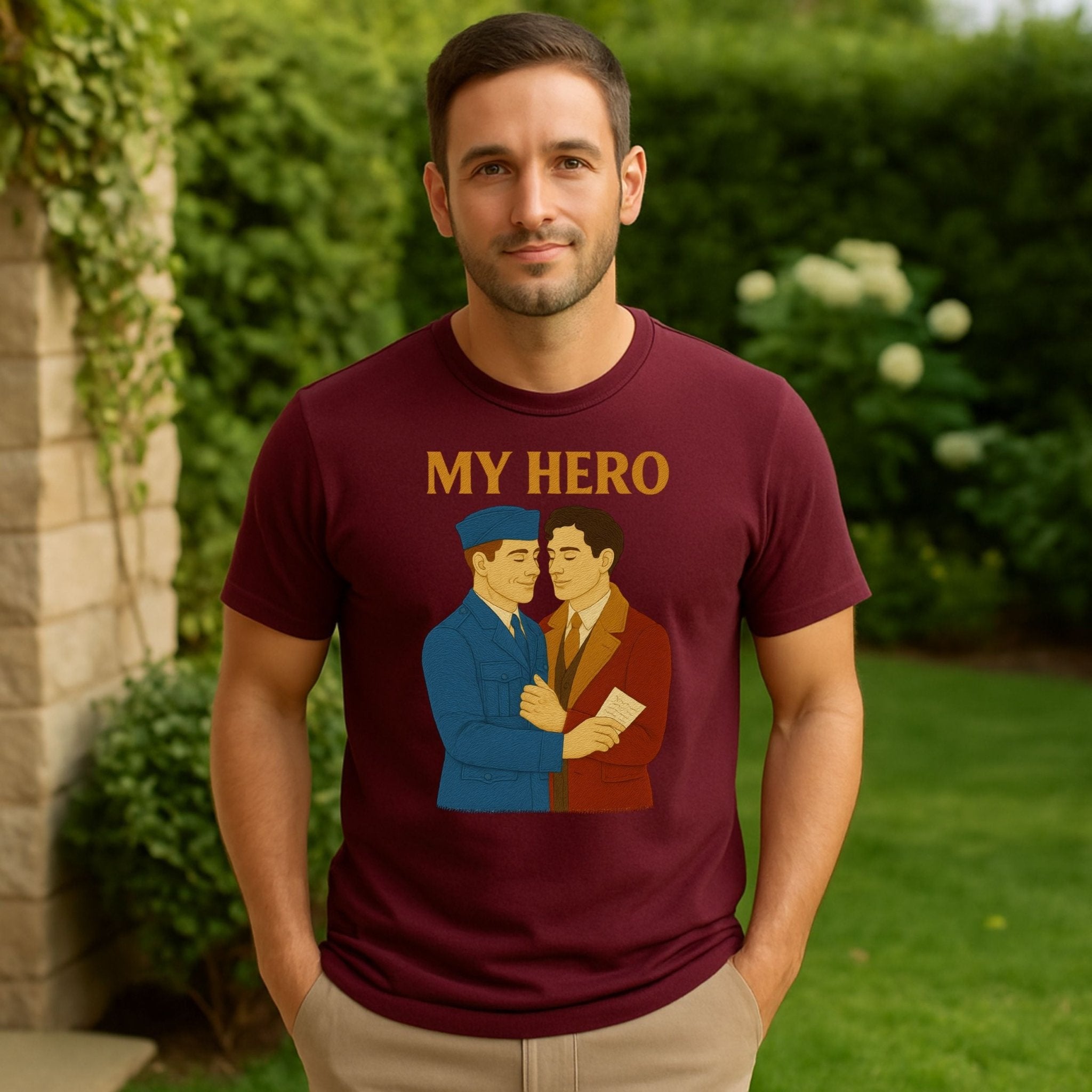 My Hero Shirt – 1940s Gay Wartime Romance T-Shirt, Embroidered Style Pride Tee - Craig Michael Design