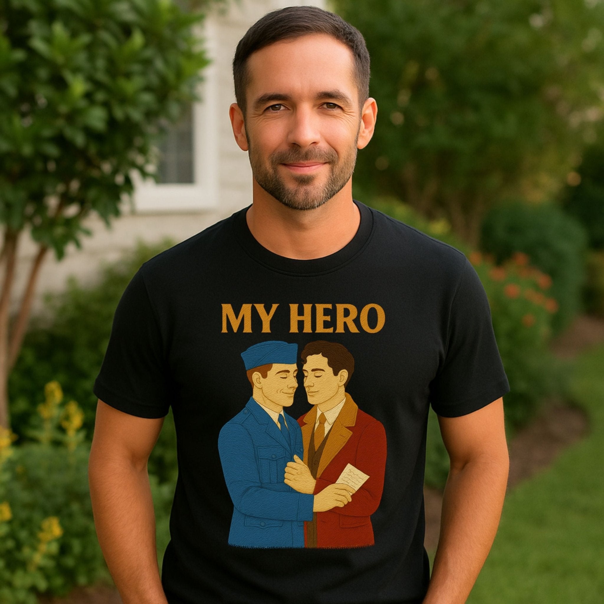 My Hero Shirt – 1940s Gay Wartime Romance T-Shirt, Embroidered Style Pride Tee - Craig Michael Design