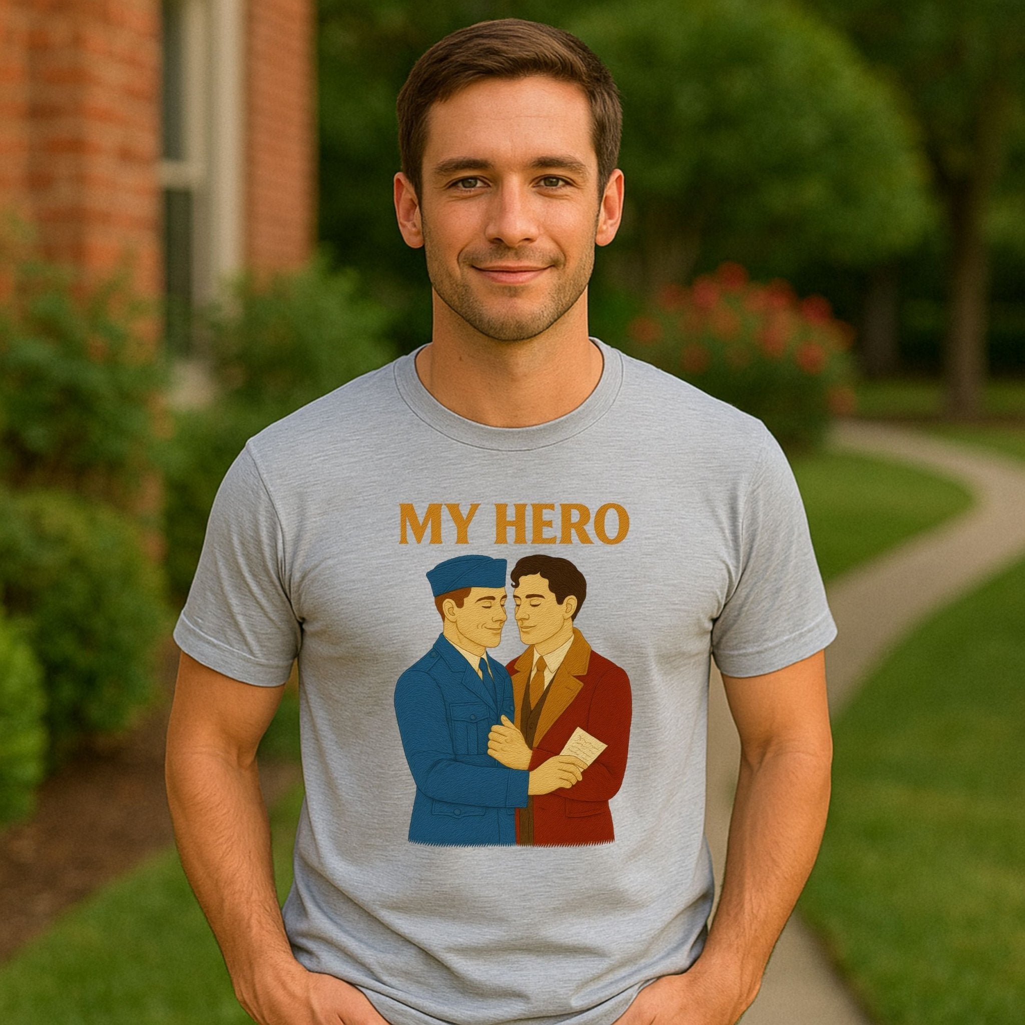 My Hero Shirt – 1940s Gay Wartime Romance T-Shirt, Embroidered Style Pride Tee - Craig Michael Design