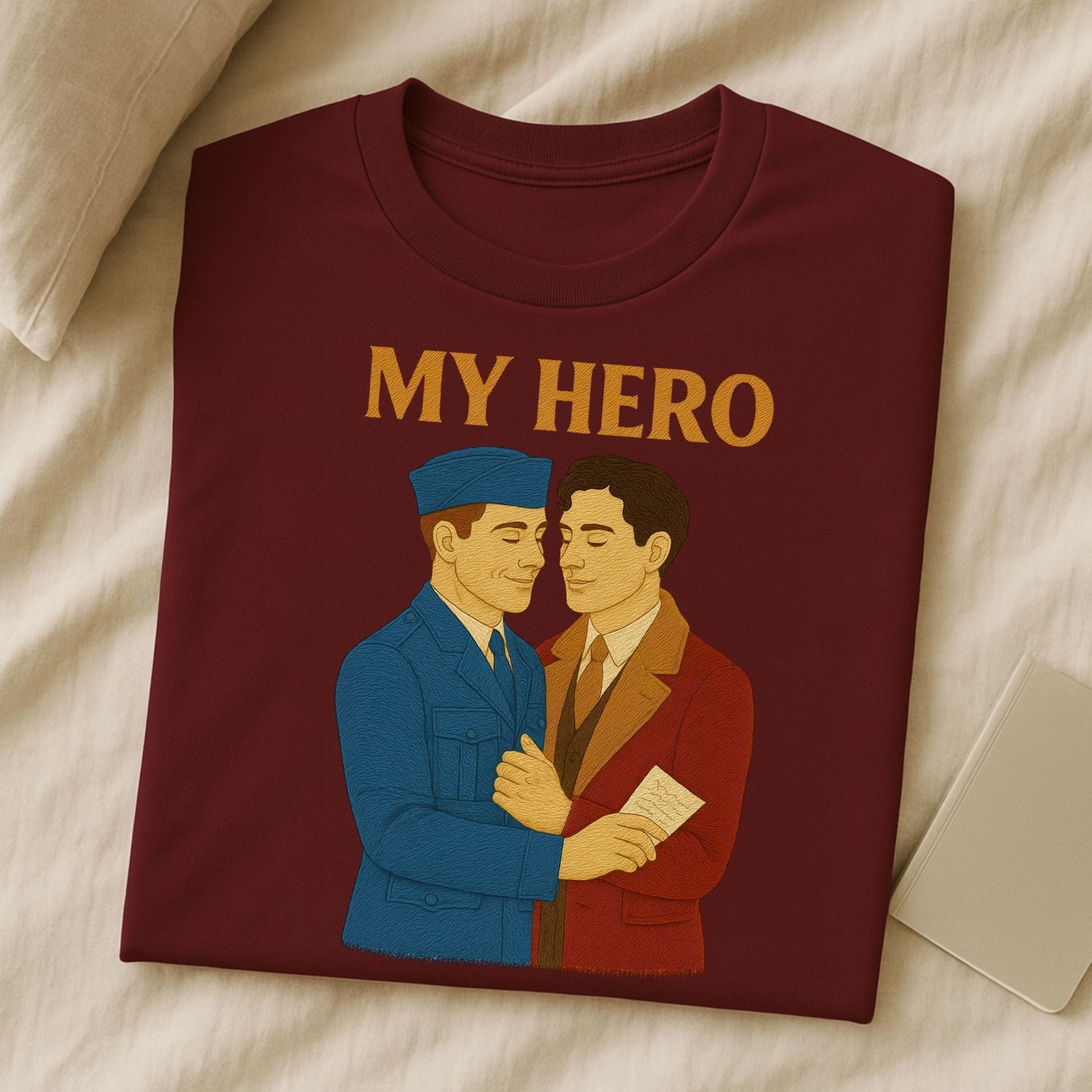 My Hero Shirt – 1940s Gay Wartime Romance T-Shirt, Embroidered Style Pride Tee - Craig Michael Design