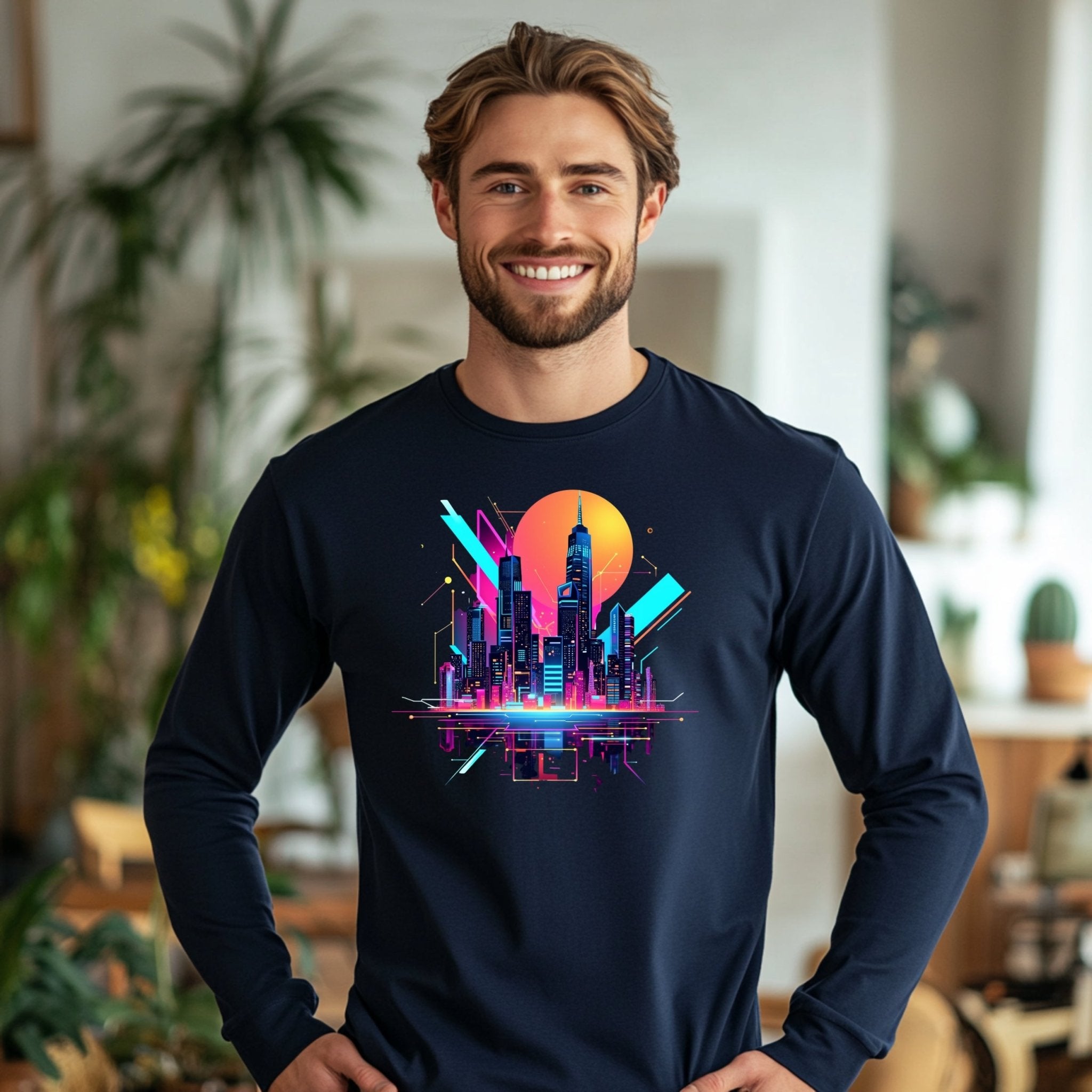 Neon Cityscape Skyline Long Sleeve T-Shirt, Retro Futuristic Shirt, 80s Synthwave Aesthetic, Urban Night Scene Graphic Tee - Craig Michael Design