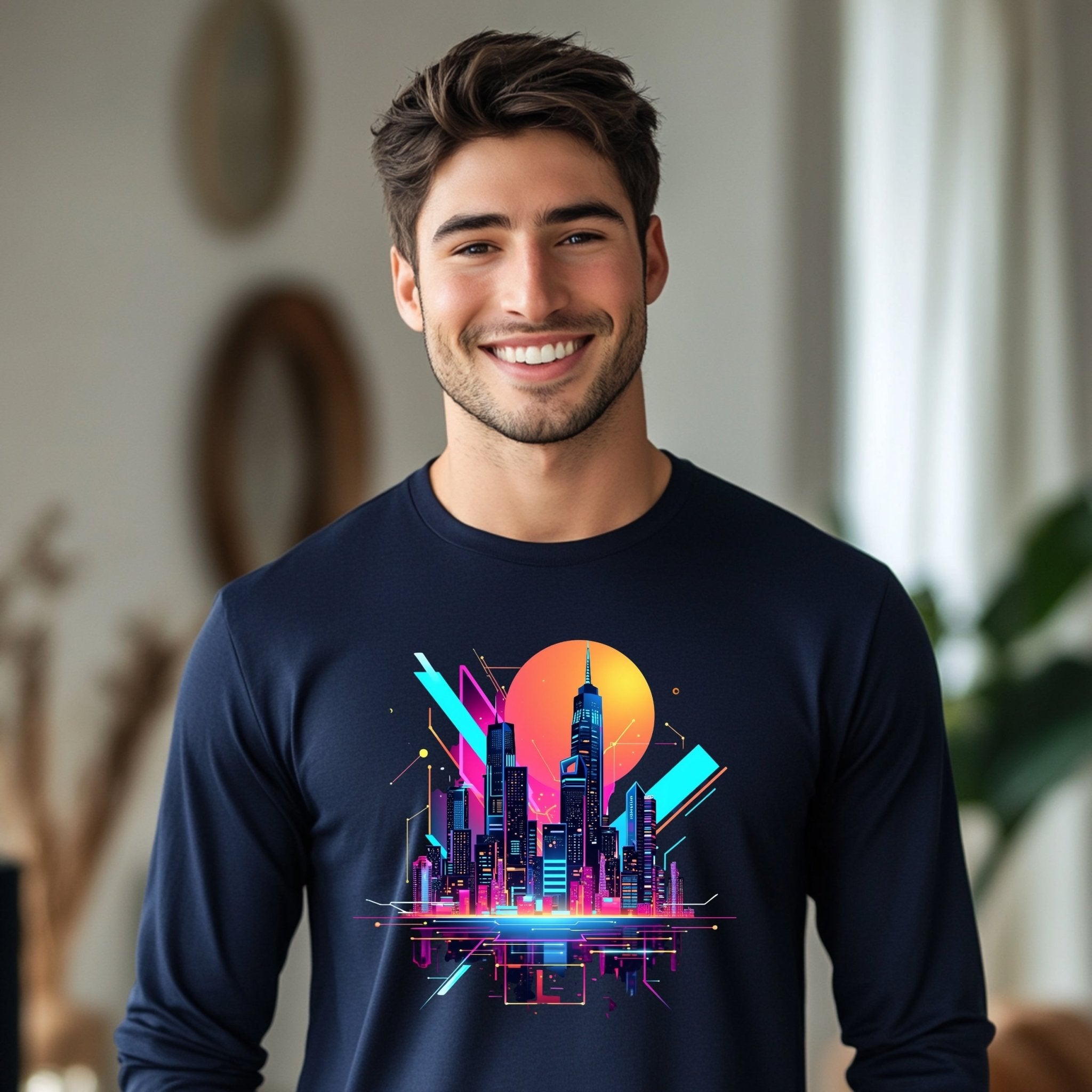 Neon Cityscape Skyline Long Sleeve T-Shirt, Retro Futuristic Shirt, 80s Synthwave Aesthetic, Urban Night Scene Graphic Tee - Craig Michael Design