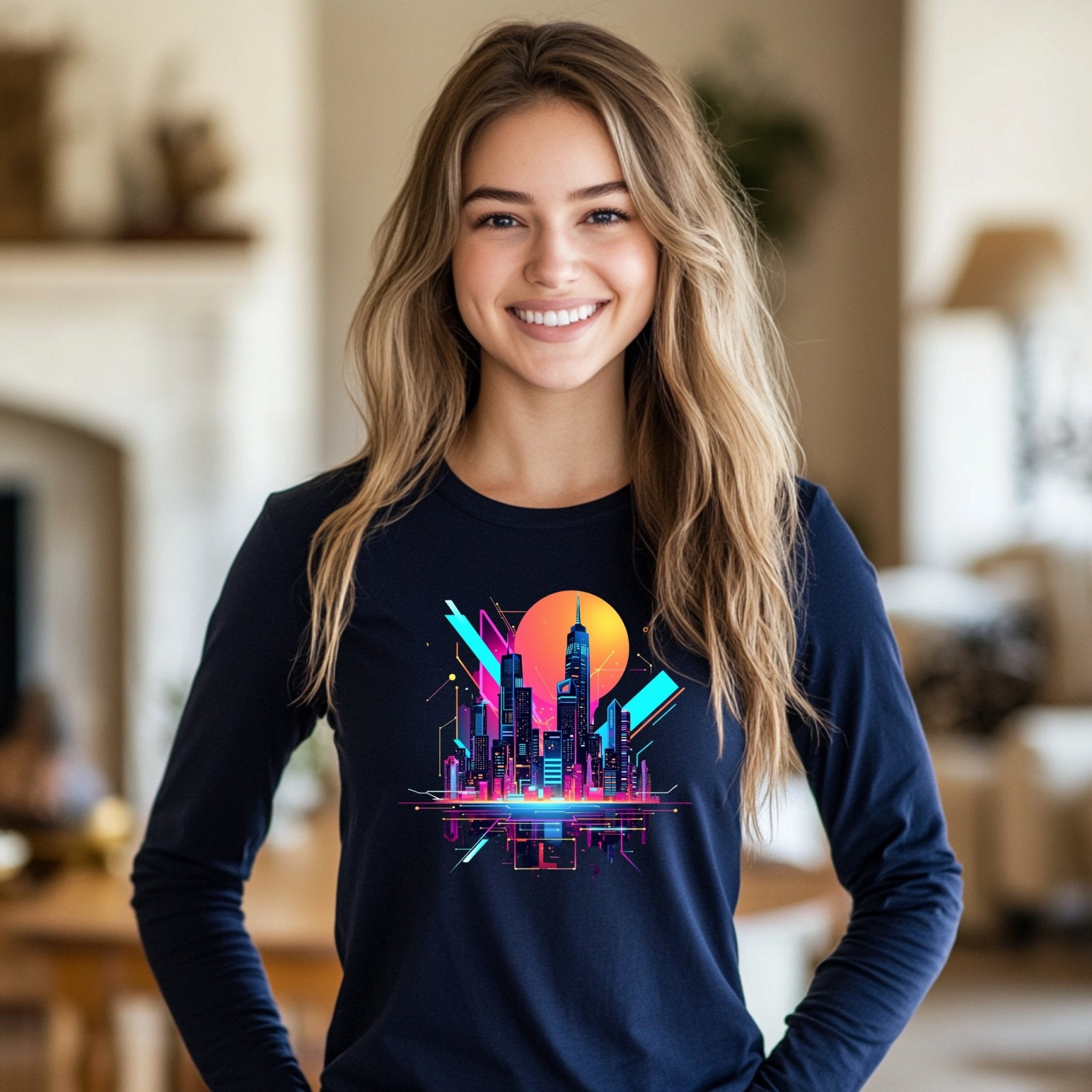 Neon Cityscape Skyline Long Sleeve T-Shirt, Retro Futuristic Shirt, 80s Synthwave Aesthetic, Urban Night Scene Graphic Tee - Craig Michael Design