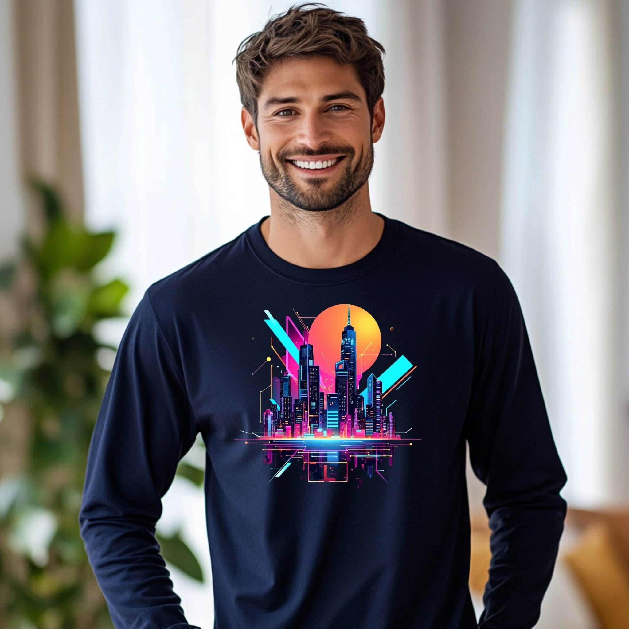 Neon Cityscape Skyline Long Sleeve T-Shirt, Retro Futuristic Shirt, 80s Synthwave Aesthetic, Urban Night Scene Graphic Tee - Craig Michael Design