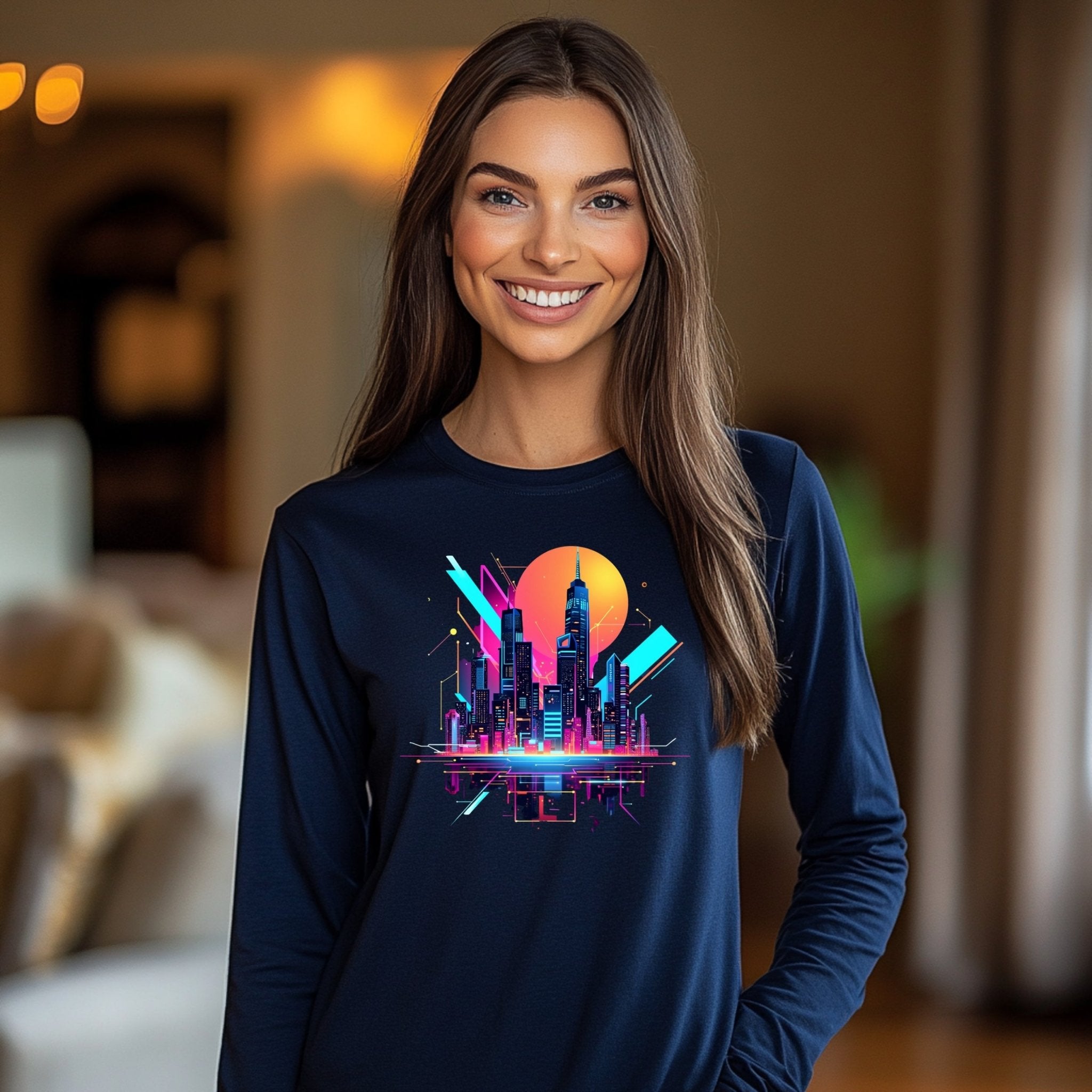 Neon Cityscape Skyline Long Sleeve T-Shirt, Retro Futuristic Shirt, 80s Synthwave Aesthetic, Urban Night Scene Graphic Tee - Craig Michael Design