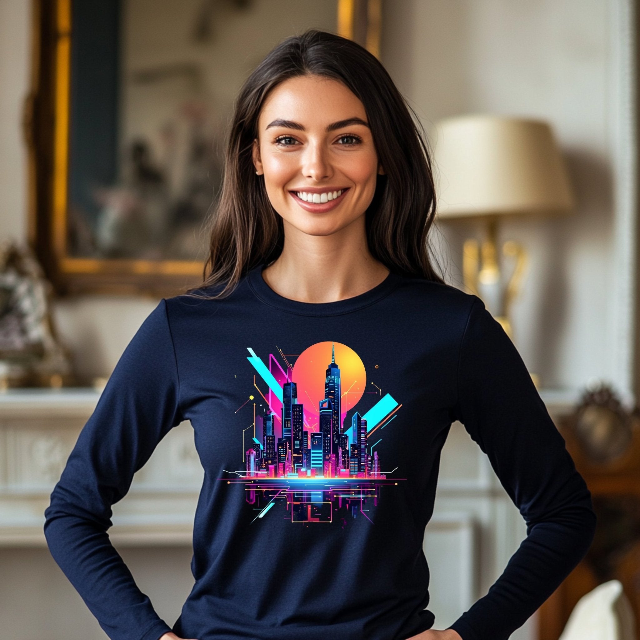 Neon Cityscape Skyline Long Sleeve T-Shirt, Retro Futuristic Shirt, 80s Synthwave Aesthetic, Urban Night Scene Graphic Tee - Craig Michael Design