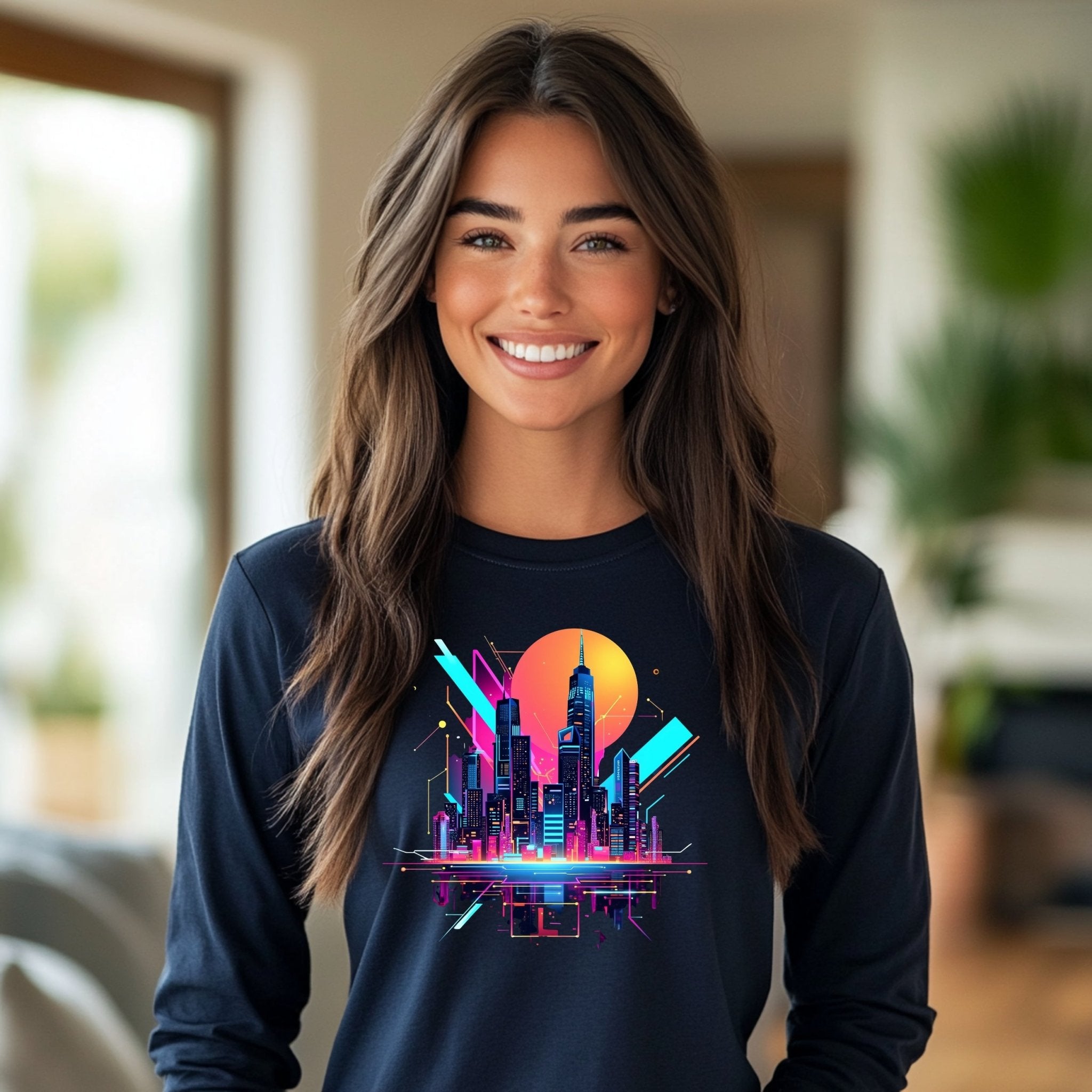 Neon Cityscape Skyline Long Sleeve T-Shirt, Retro Futuristic Shirt, 80s Synthwave Aesthetic, Urban Night Scene Graphic Tee - Craig Michael Design