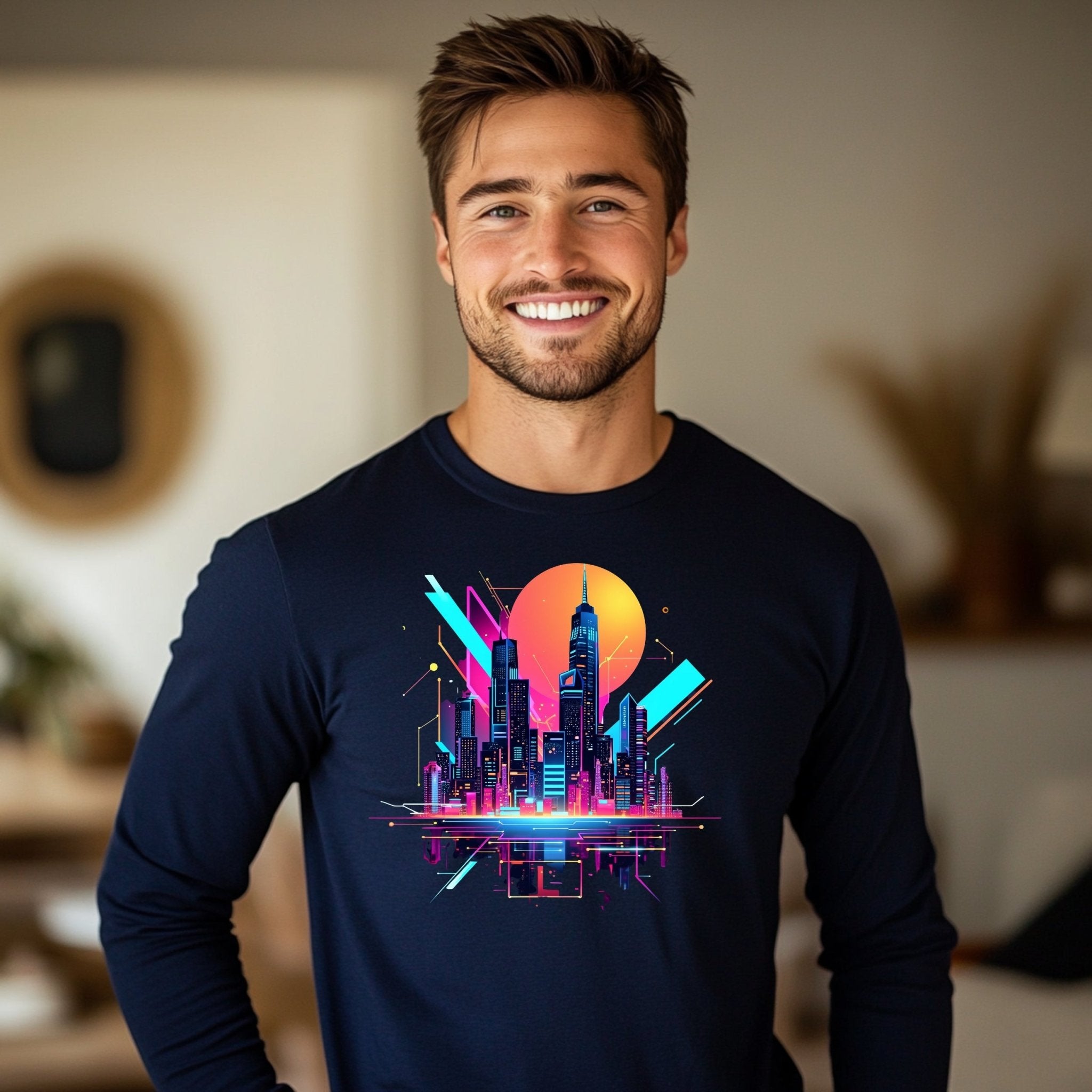 Neon Cityscape Skyline Long Sleeve T-Shirt, Retro Futuristic Shirt, 80s Synthwave Aesthetic, Urban Night Scene Graphic Tee - Craig Michael Design