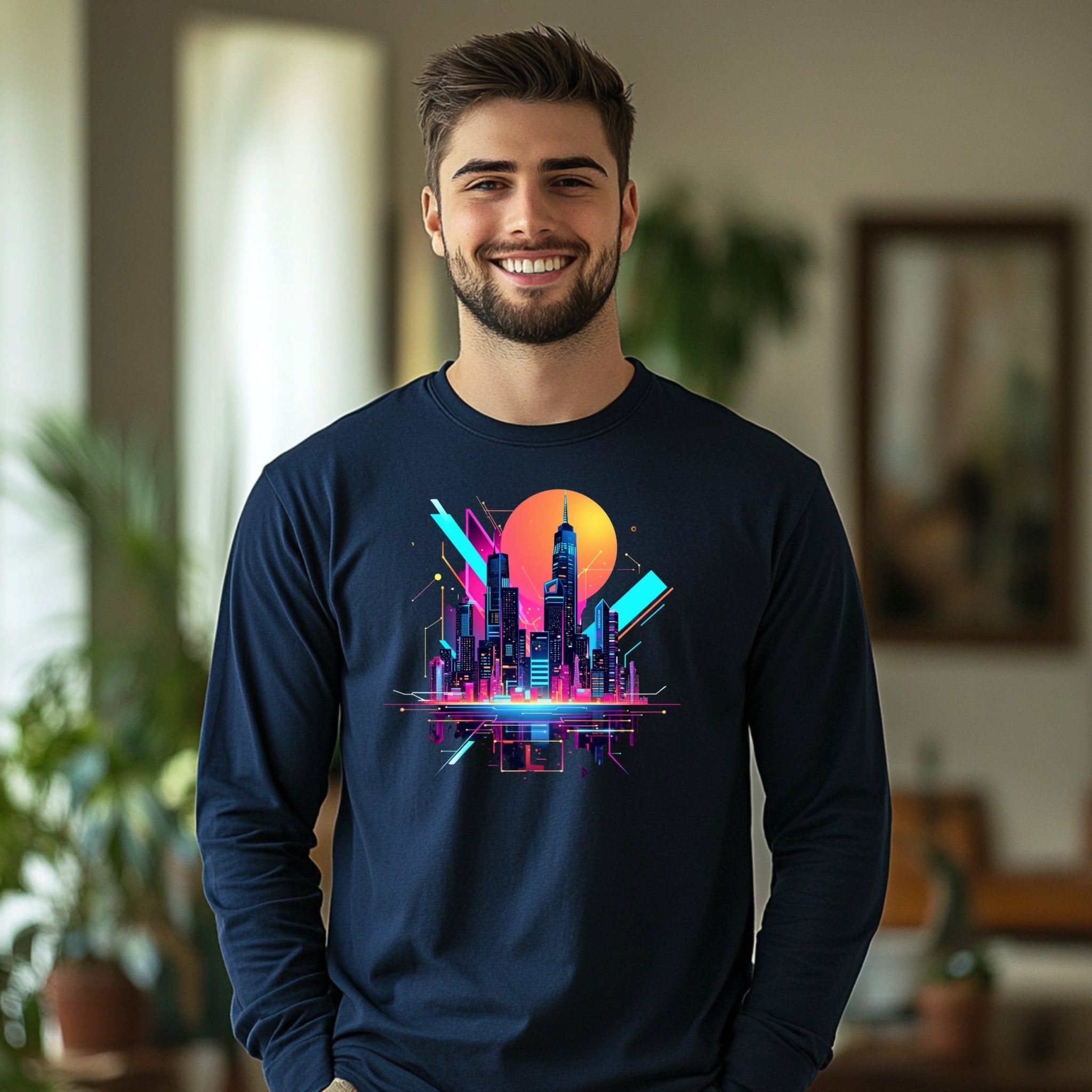 Neon Cityscape Skyline Long Sleeve T-Shirt, Retro Futuristic Shirt, 80s Synthwave Aesthetic, Urban Night Scene Graphic Tee - Craig Michael Design