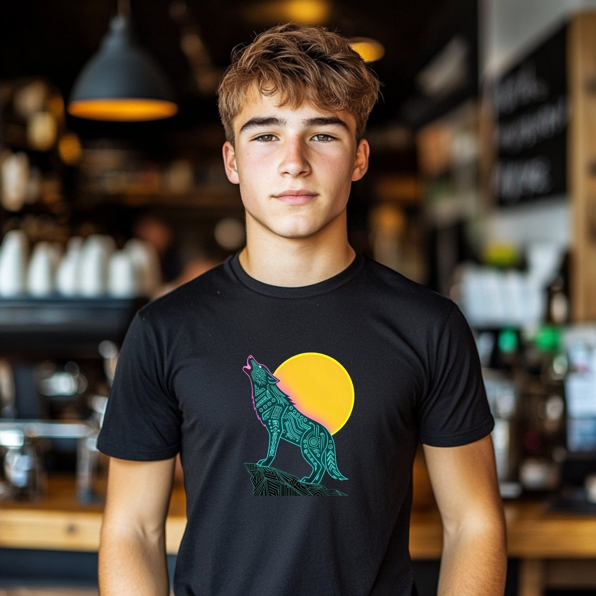 Neon Wolf Howling at Moon T-Shirt for Kids, Cool Digital Art Graphic Tee, Vibrant Colorful Design, Perfect Gift for Children - Craig Michael Design